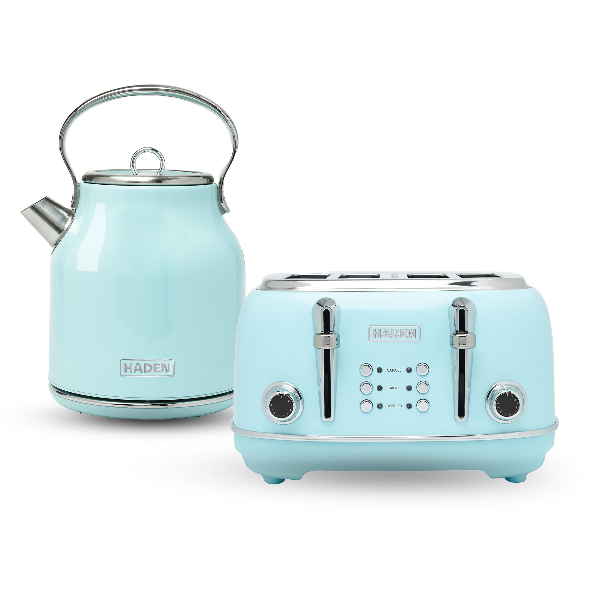 Haden Heritage 4 Slice Wide Slot Toaster & Electric Kettle, Turquoise & Chrome - VMInnovations