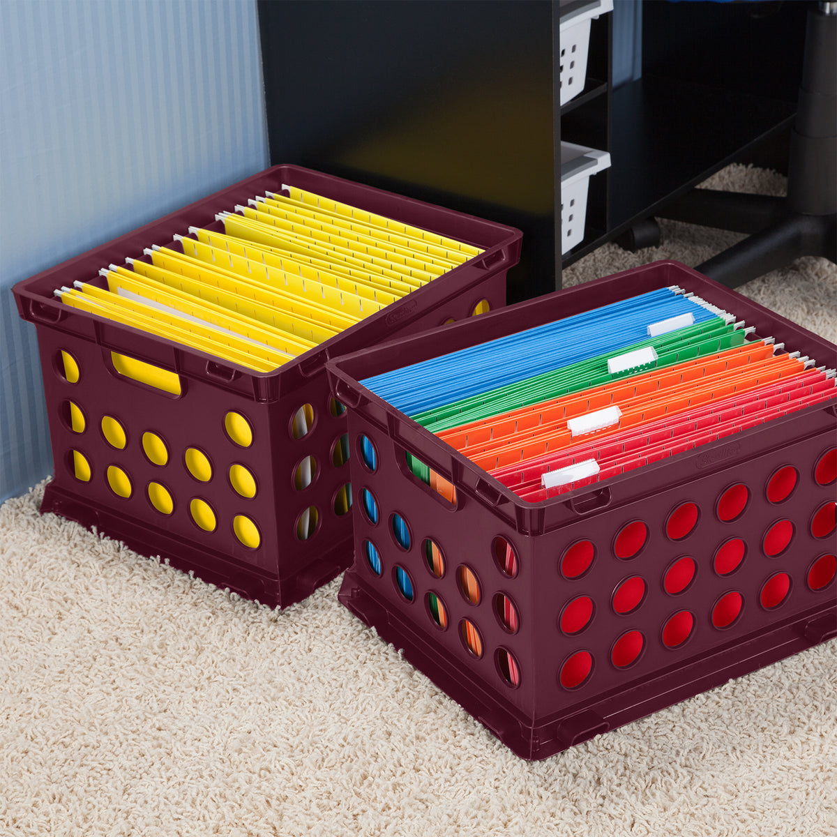 Sterilite 1693 Stackable File Storage Crate Organizers with Handles, Red