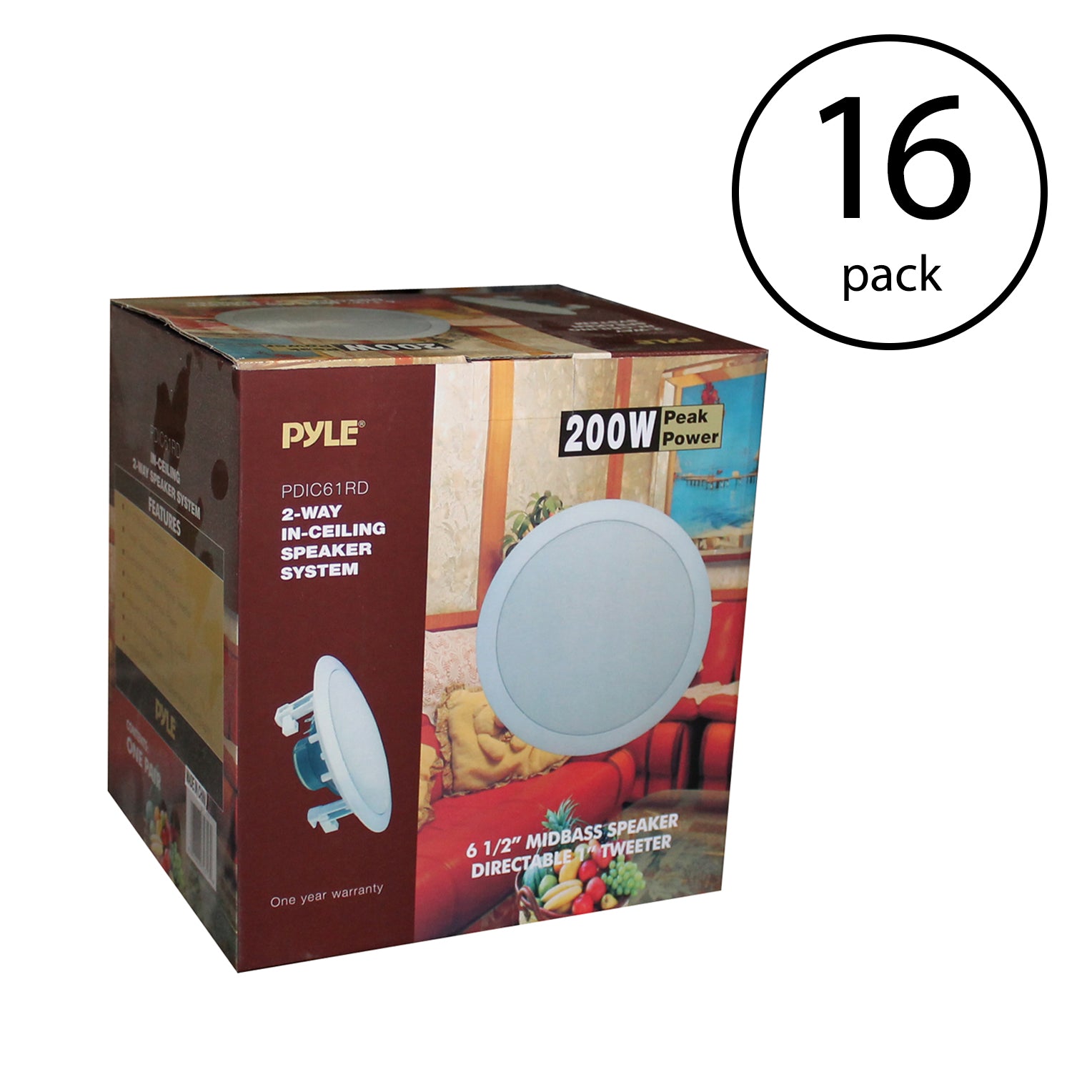 Pyle PDIC61RD 6.5'' 200W 2-Way In-Ceiling/Wall Speaker System, White (16 Pack)