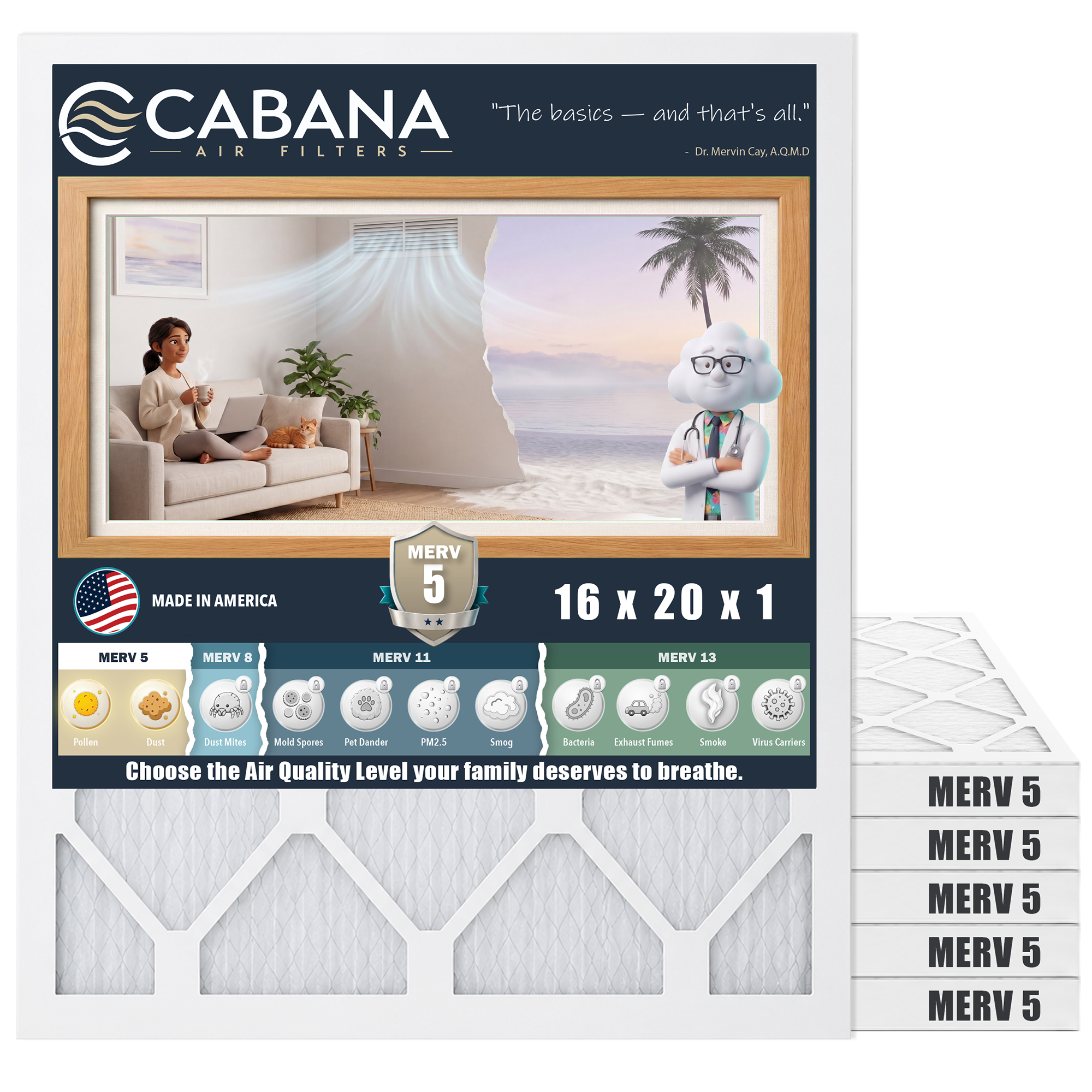 Cabana Air Filters 6 Pack HVAC Furnace Air Filters, MERV 5, 16 x 20 x 1, White