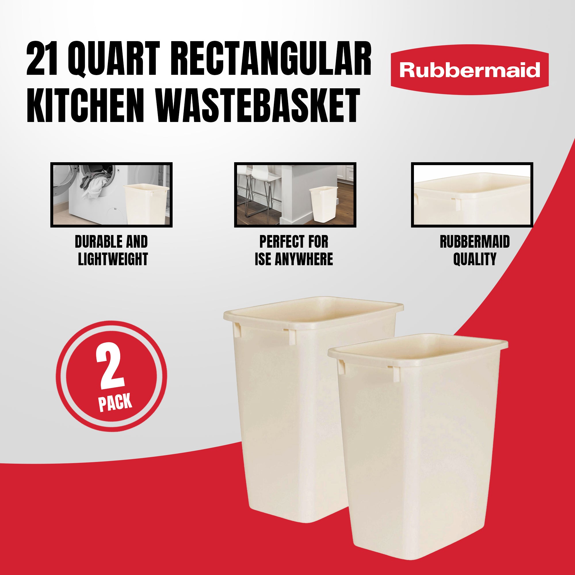 Rubbermaid 21 Quart Rectangular Kitchen Wastebasket Trash Can, Bisque (2 Pack) - VMInnovations