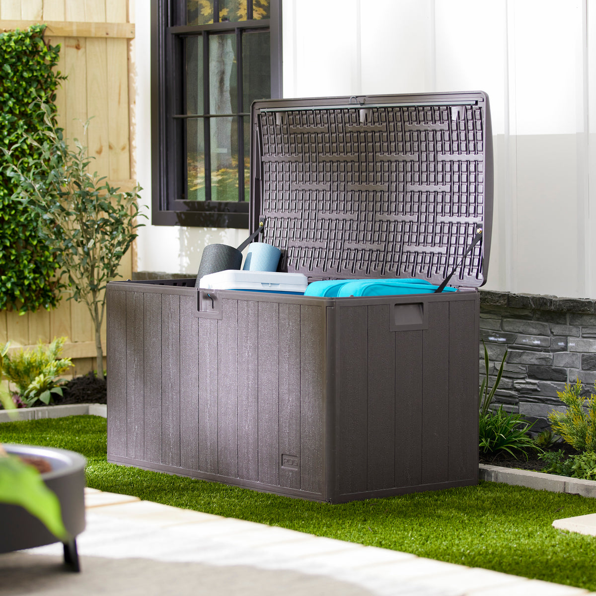Plastic Development Group 105-Gallon Resin Outdoor Storage Deck Box, Java Brown - VMInnovations