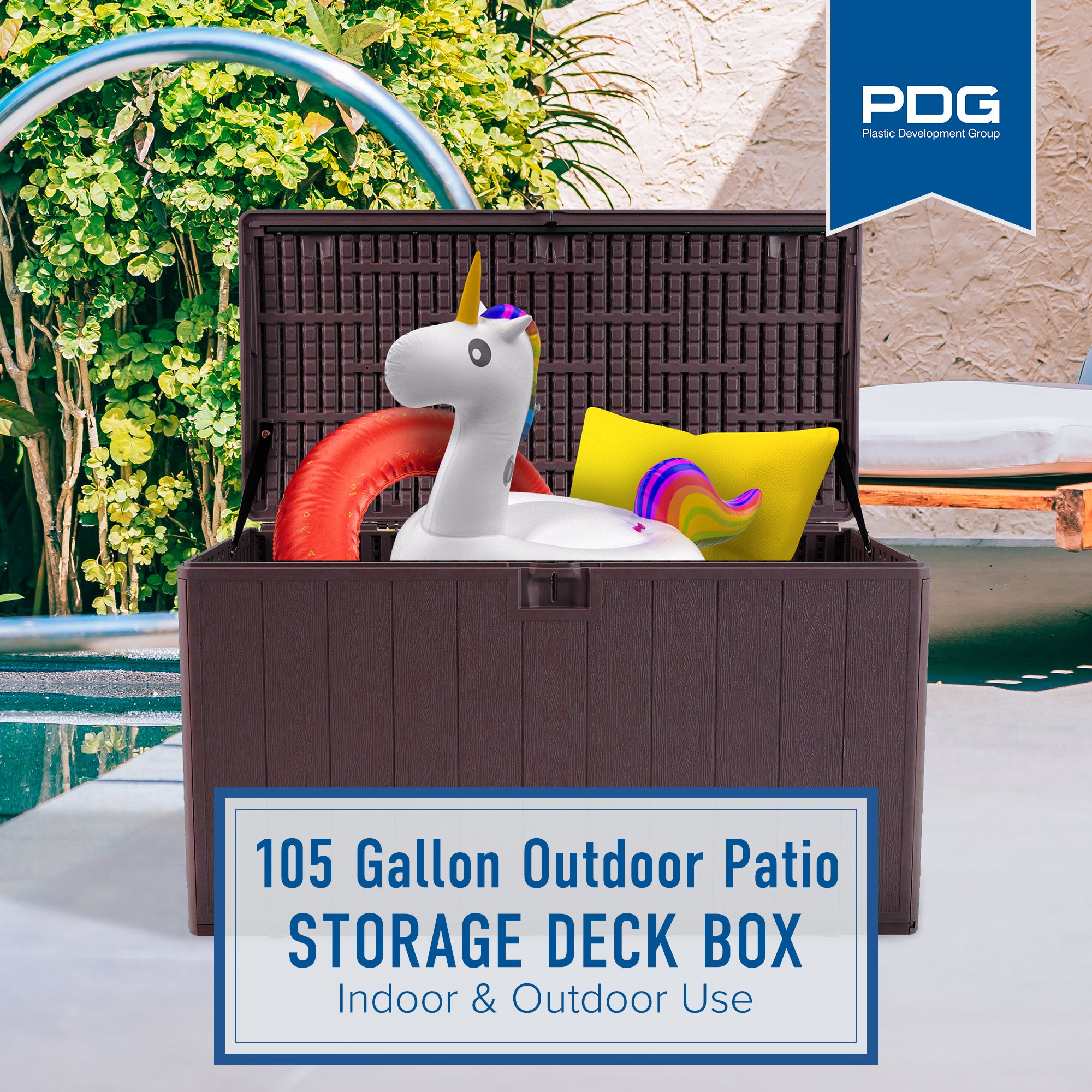 Plastic Development Group 105-Gallon Resin Outdoor Storage Deck Box, Java Brown - VMInnovations