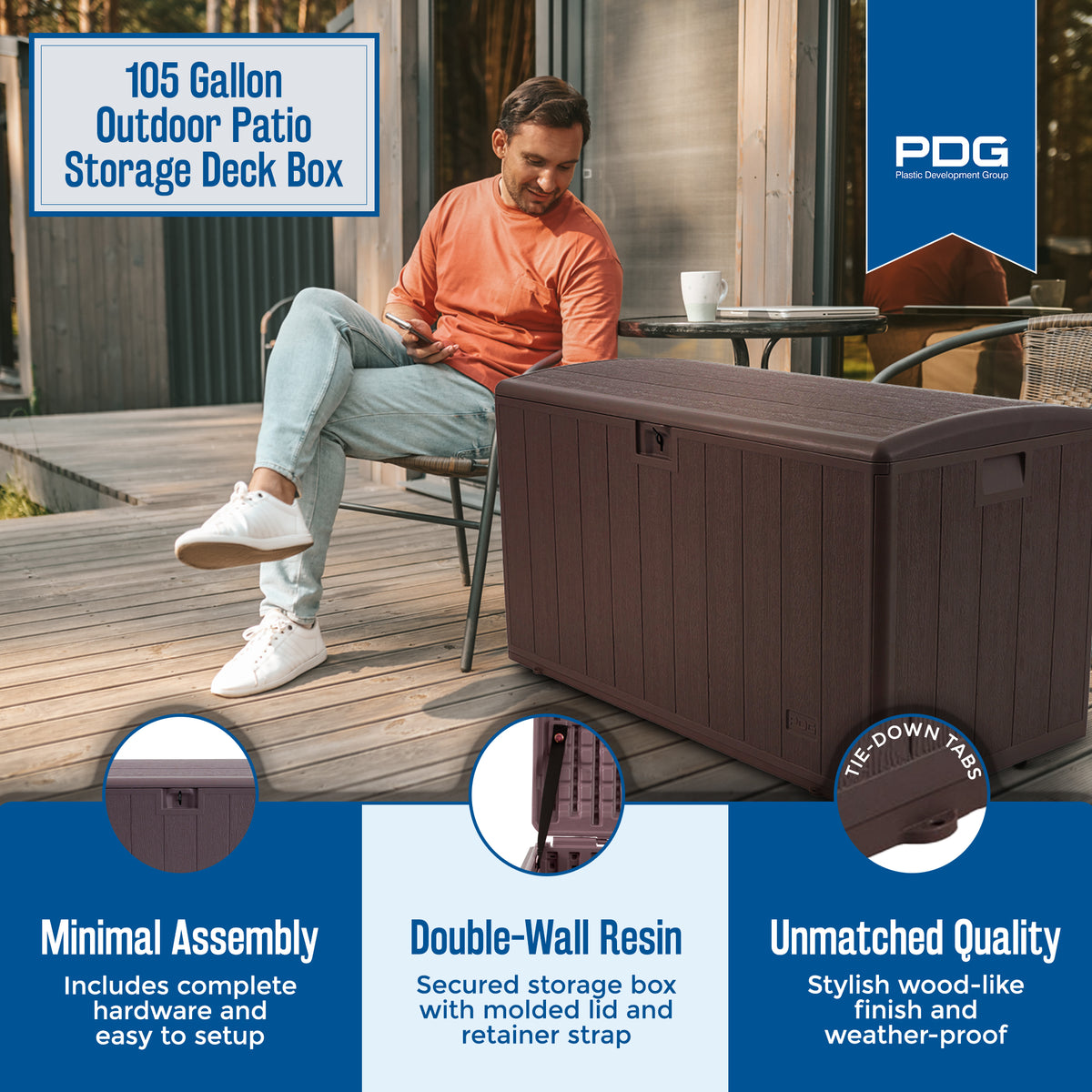 Plastic Development Group 105-Gallon Resin Outdoor Storage Deck Box, Java Brown - VMInnovations