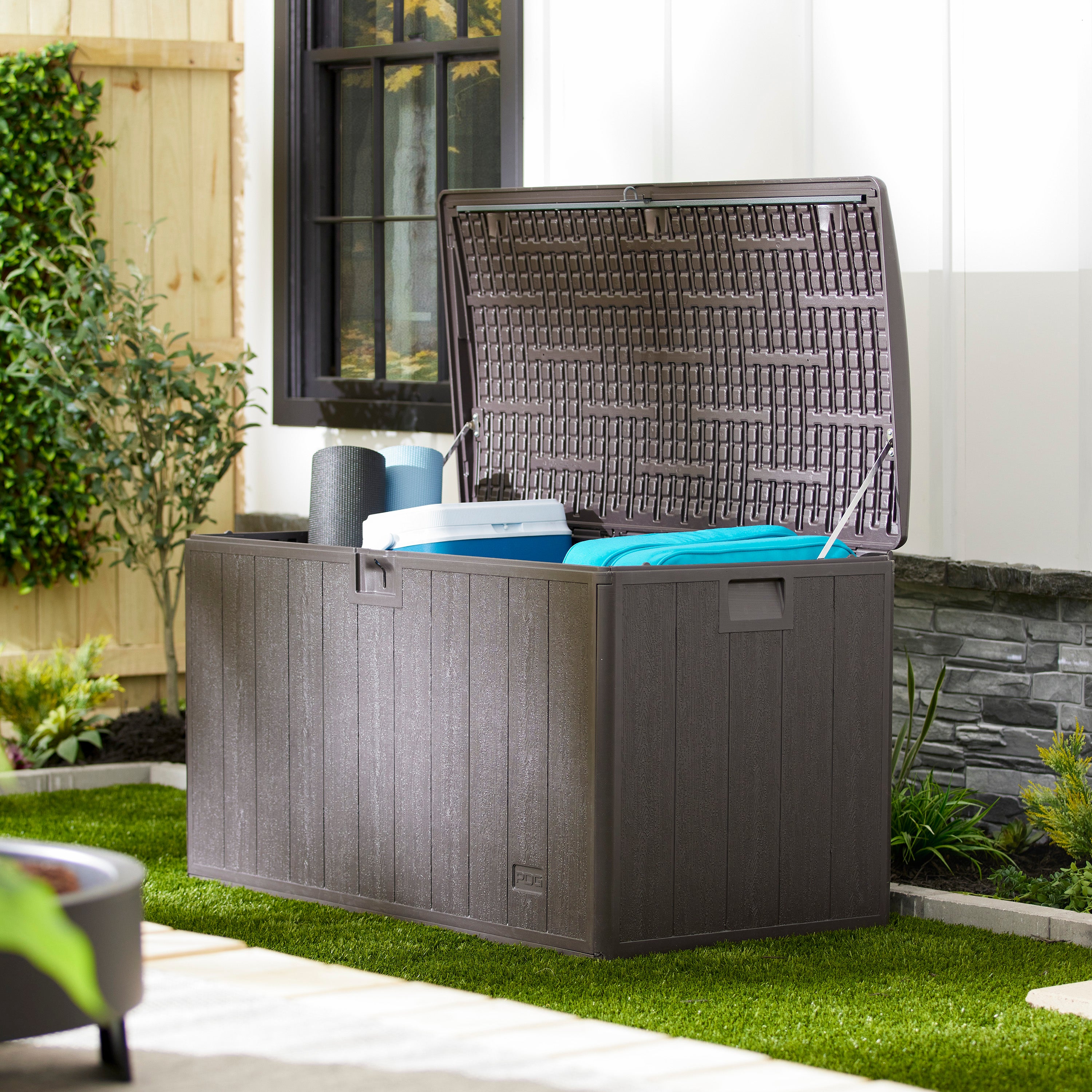 Plastic Development Group 105-Gallon Resin Outdoor Storage Deck Box, Java Brown - VMInnovations
