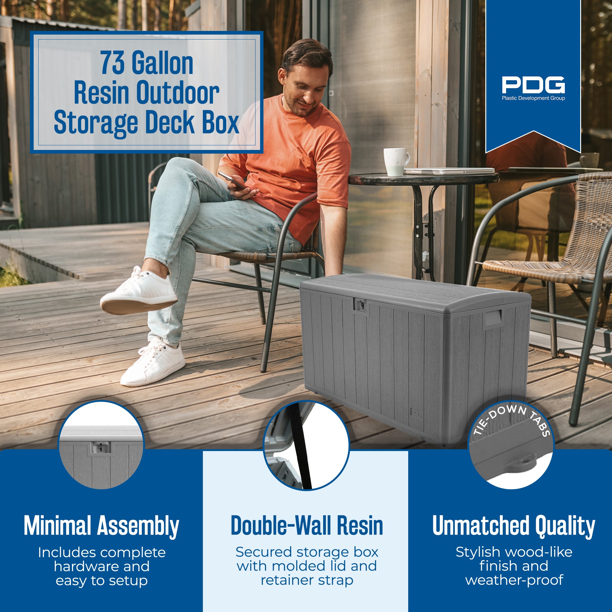 Plastic Development Group 73 Gallon Resin Storage Deck Box, Driftwood (Open Box) - VMInnovations