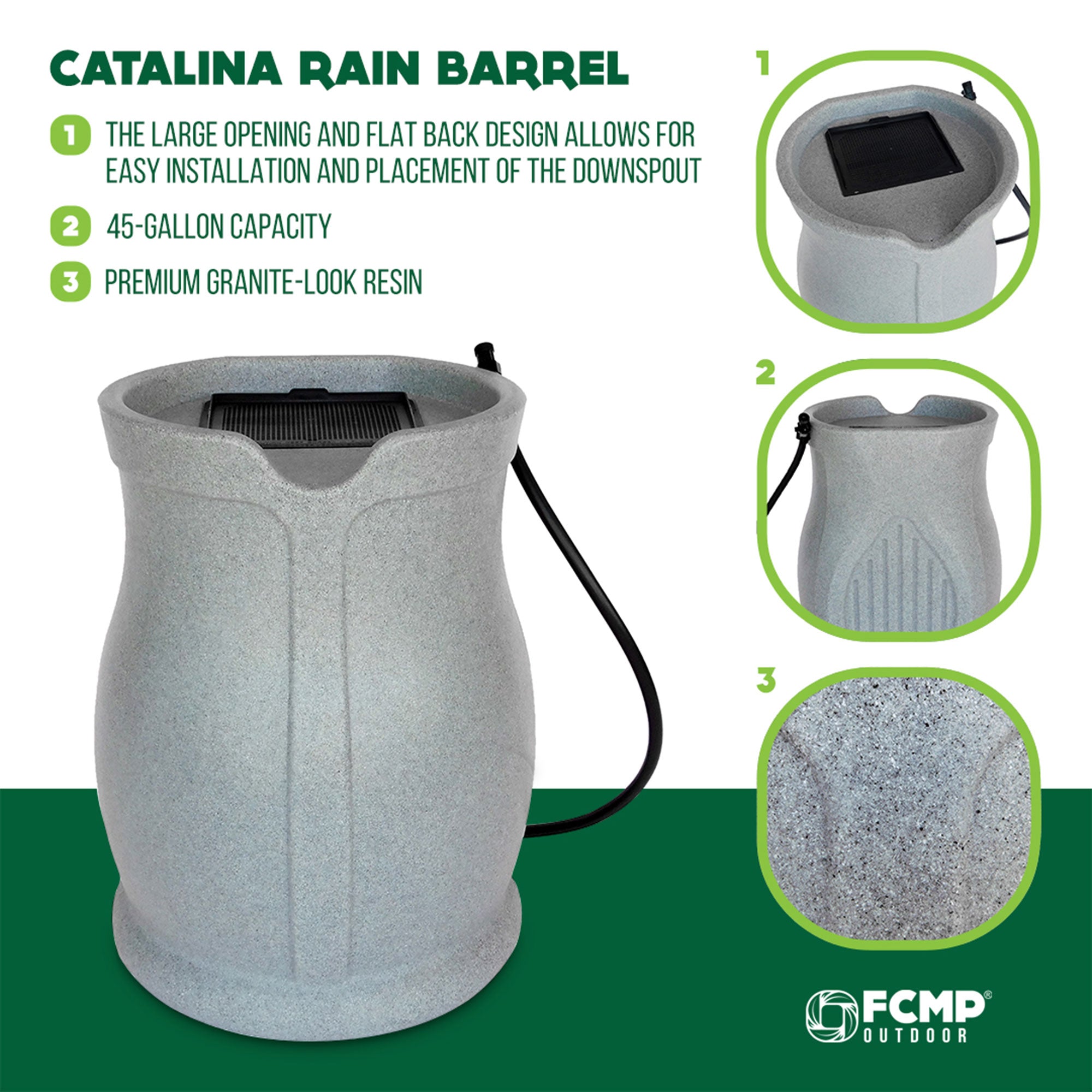 FCMP Outdoor Water Irrigation 45 Gal Catalina Rain Barrel, Granite (For Parts) - VMInnovations