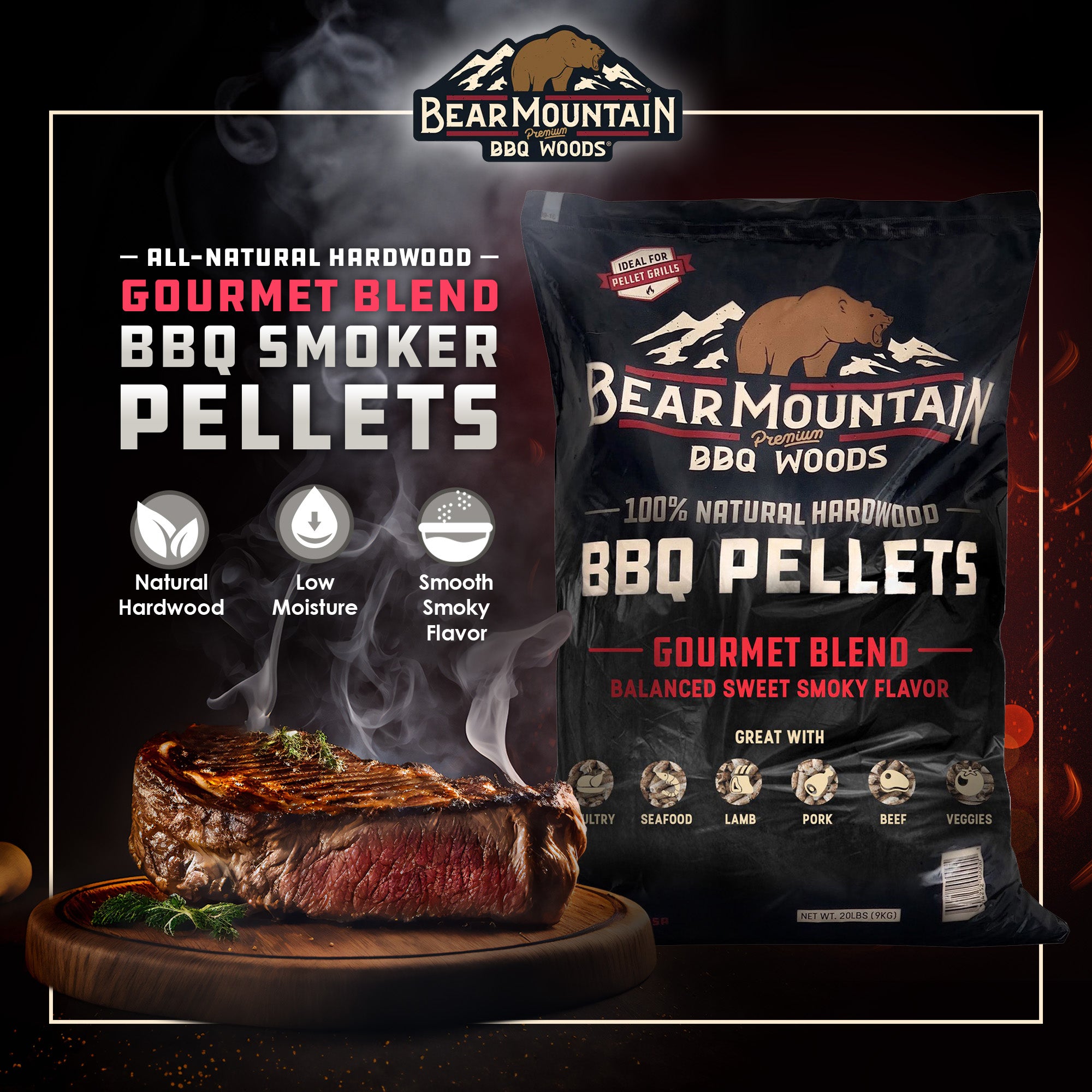 Bear Mountain BBQ Natural Hardwood Gourmet Blend Smoker Pellets, 20 lbs (3 Pack)
