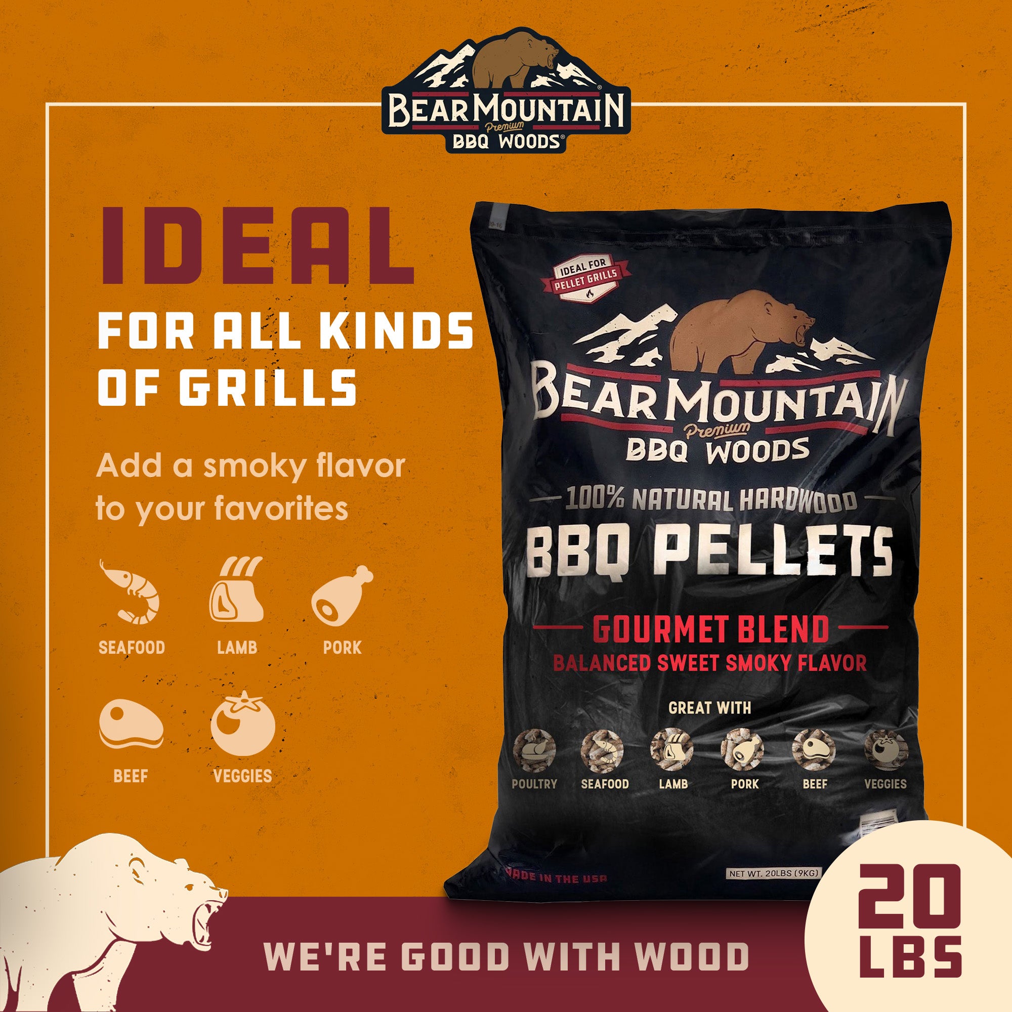 Bear Mountain BBQ Natural Hardwood Gourmet Blend Smoker Pellets, 20 lbs (3 Pack)