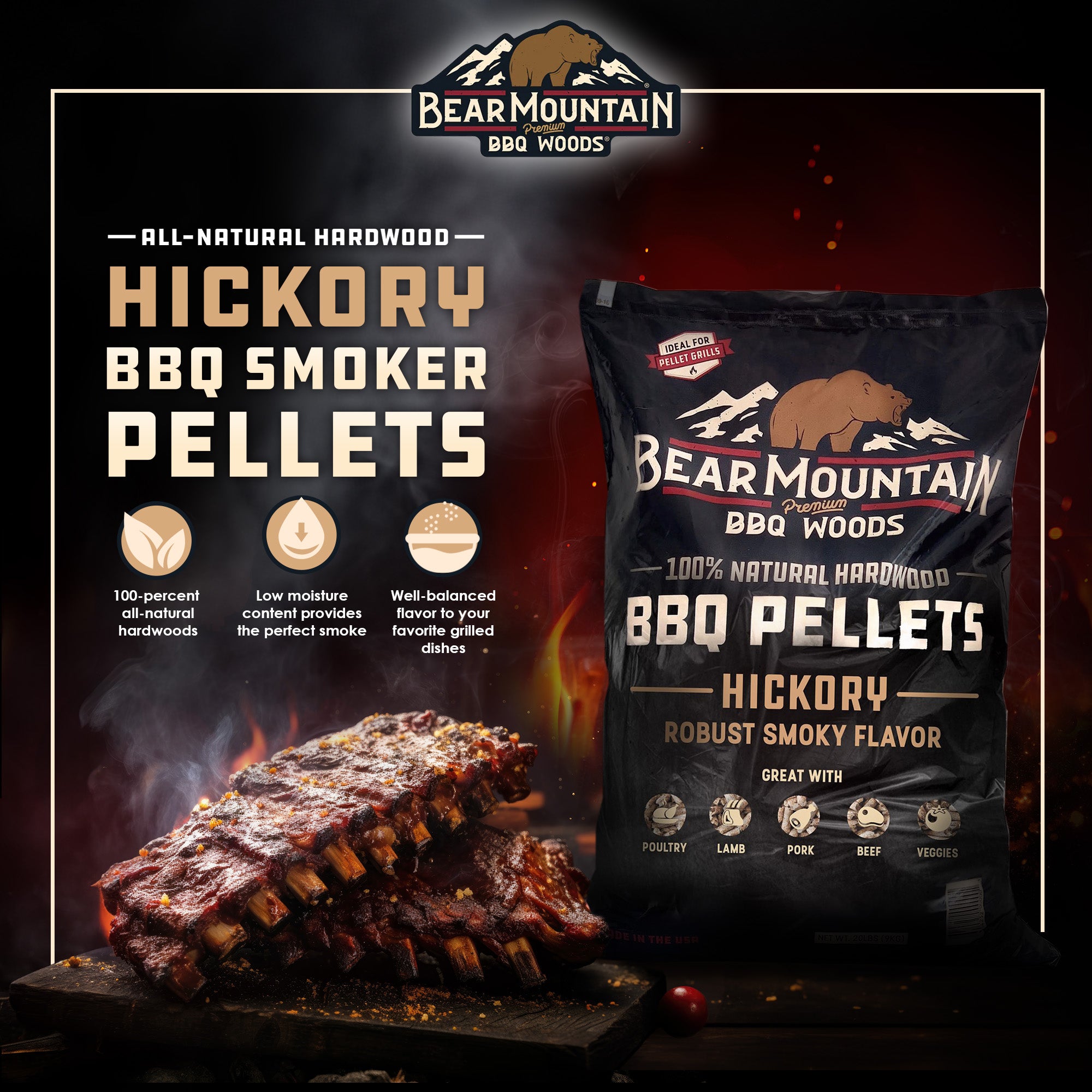 Bear Mountain BBQ All-Natural Hardwood Hickory Smoker Pellets, 20 Lb (4 Pack)