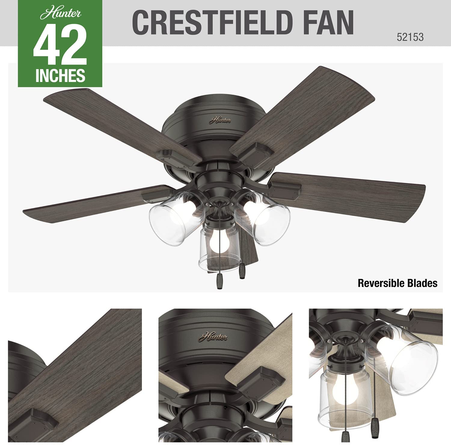 Hunter Fan Company 42 Inch Low Profile Ceiling Fan, Noble Bronze (Open Box) - VMInnovations