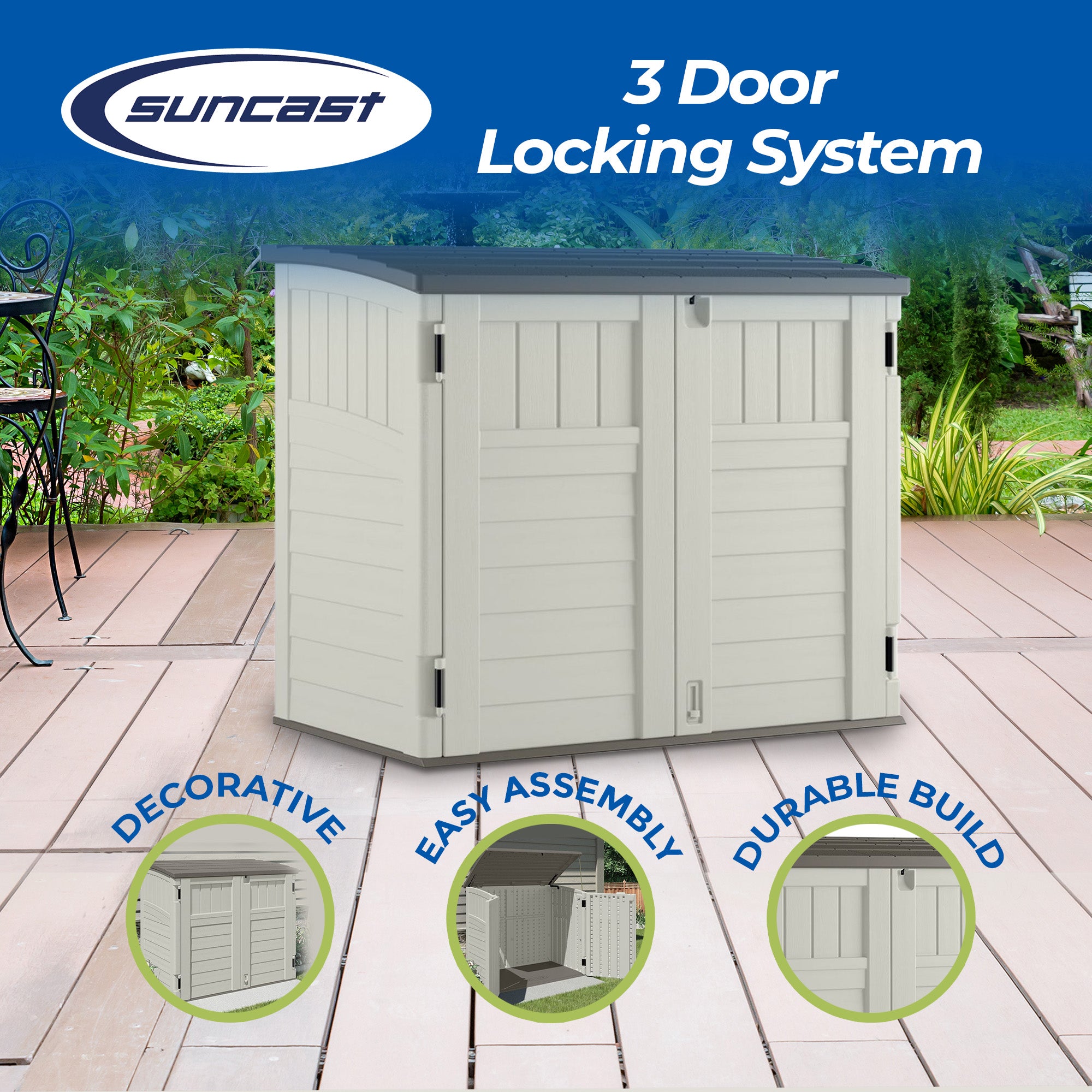 Suncast 3 Door Locking System Horizontal Storage Shed Stow Away, Ivory (3 Pack) - VMInnovations