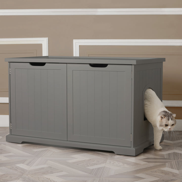 Merry Products Pet Cat Washroom Storage Bench w/Removable Partition Wall, Gray - VMInnovations