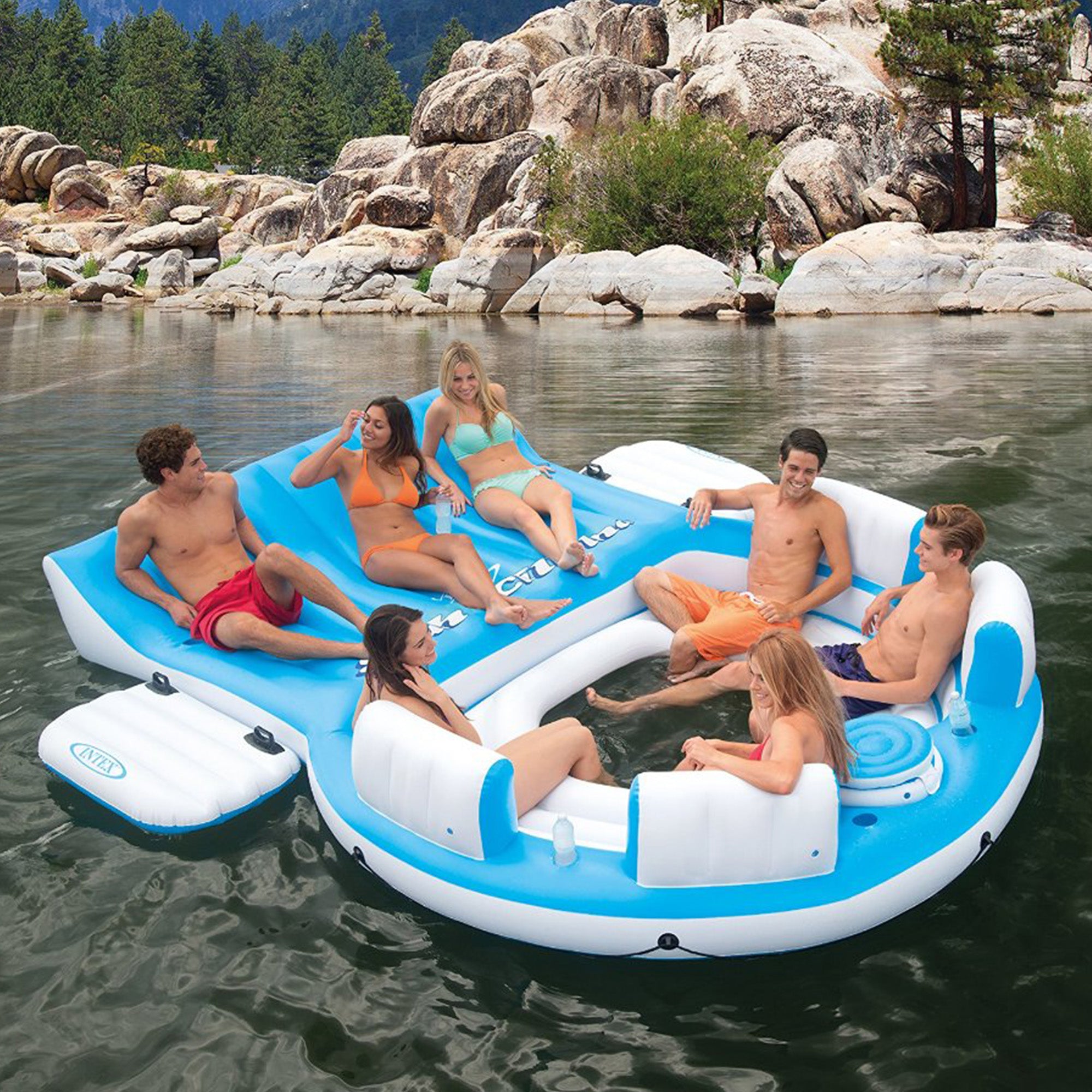 Intex Island Pool Lake Raft Lounger w/ Inflatable 72 Can Beverage Cooler Float - VMInnovations