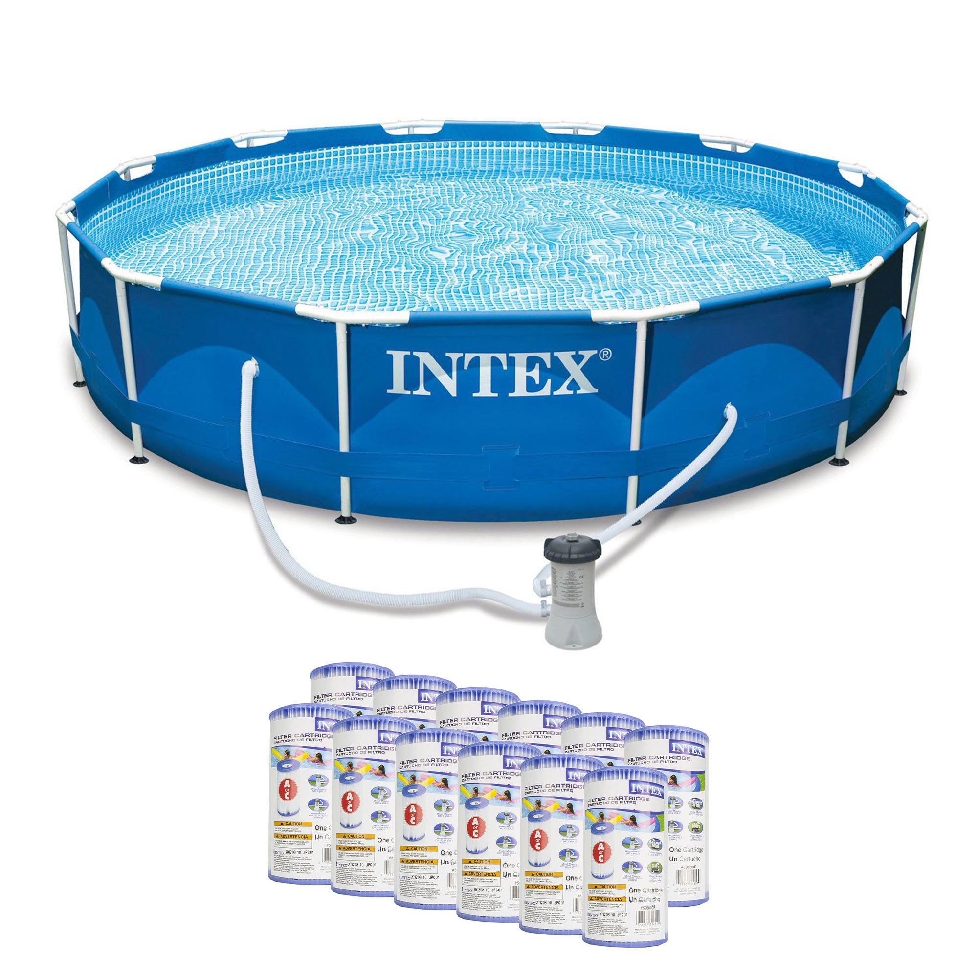 Intex 12ft x 30in Metal Frame Round Pool & Replacement Cartridge (12 Pack) - VMInnovations