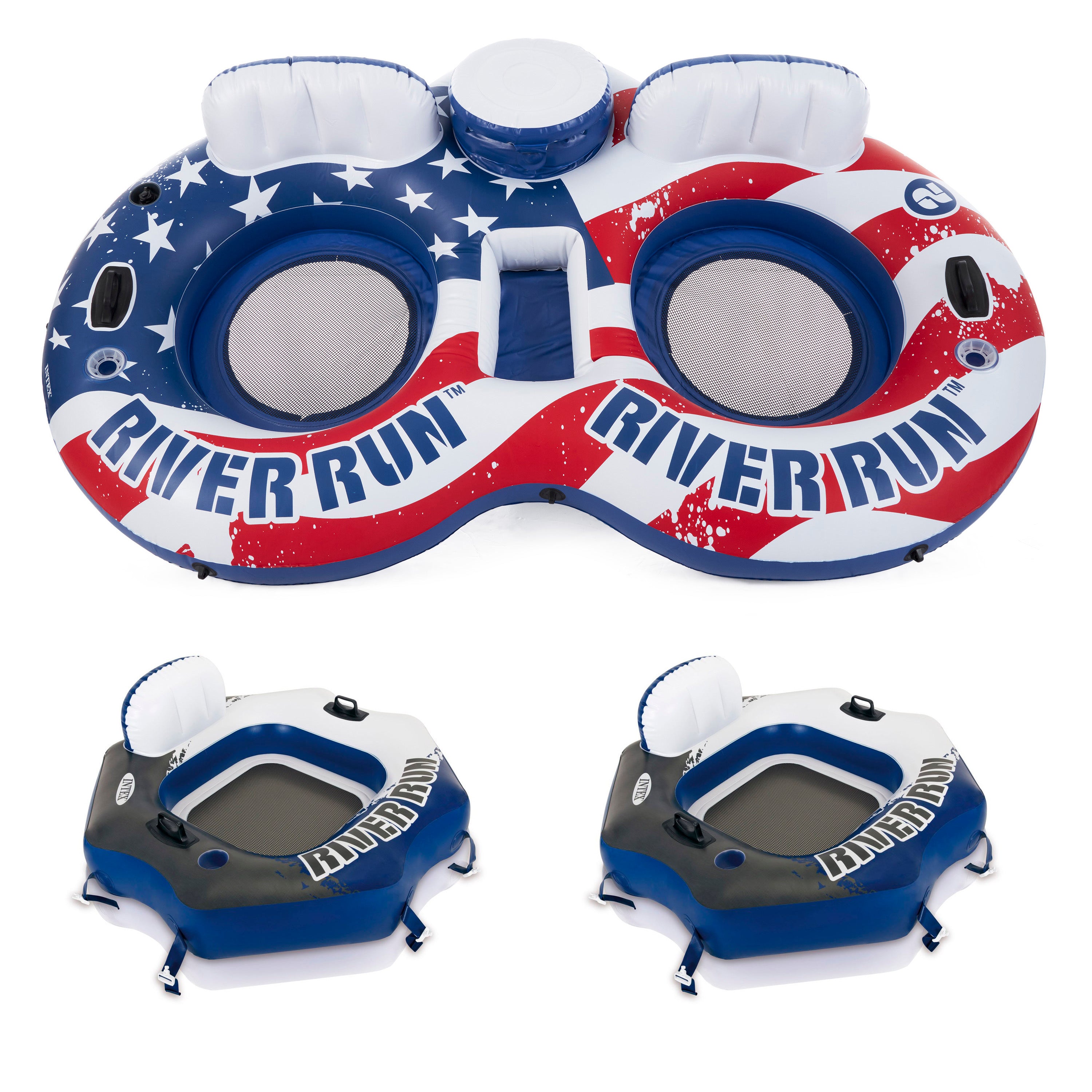 Intex American Flag 2 Person Float w/ River Run 1 Person Tube, Blue (2 Pack) - VMInnovations