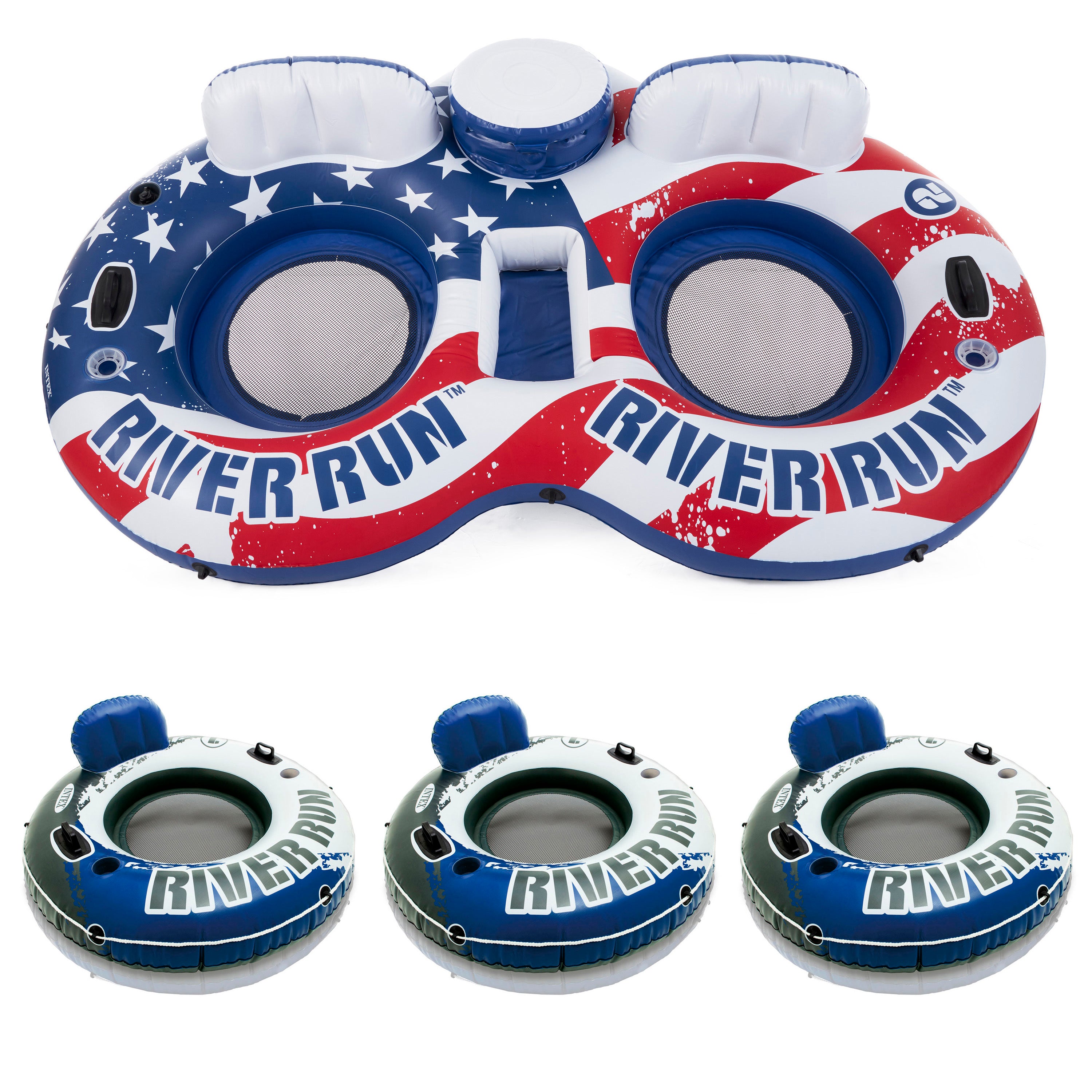 Intex American Flag 2 Person Float w/ River Run 1 Person Tube (3 Pack)