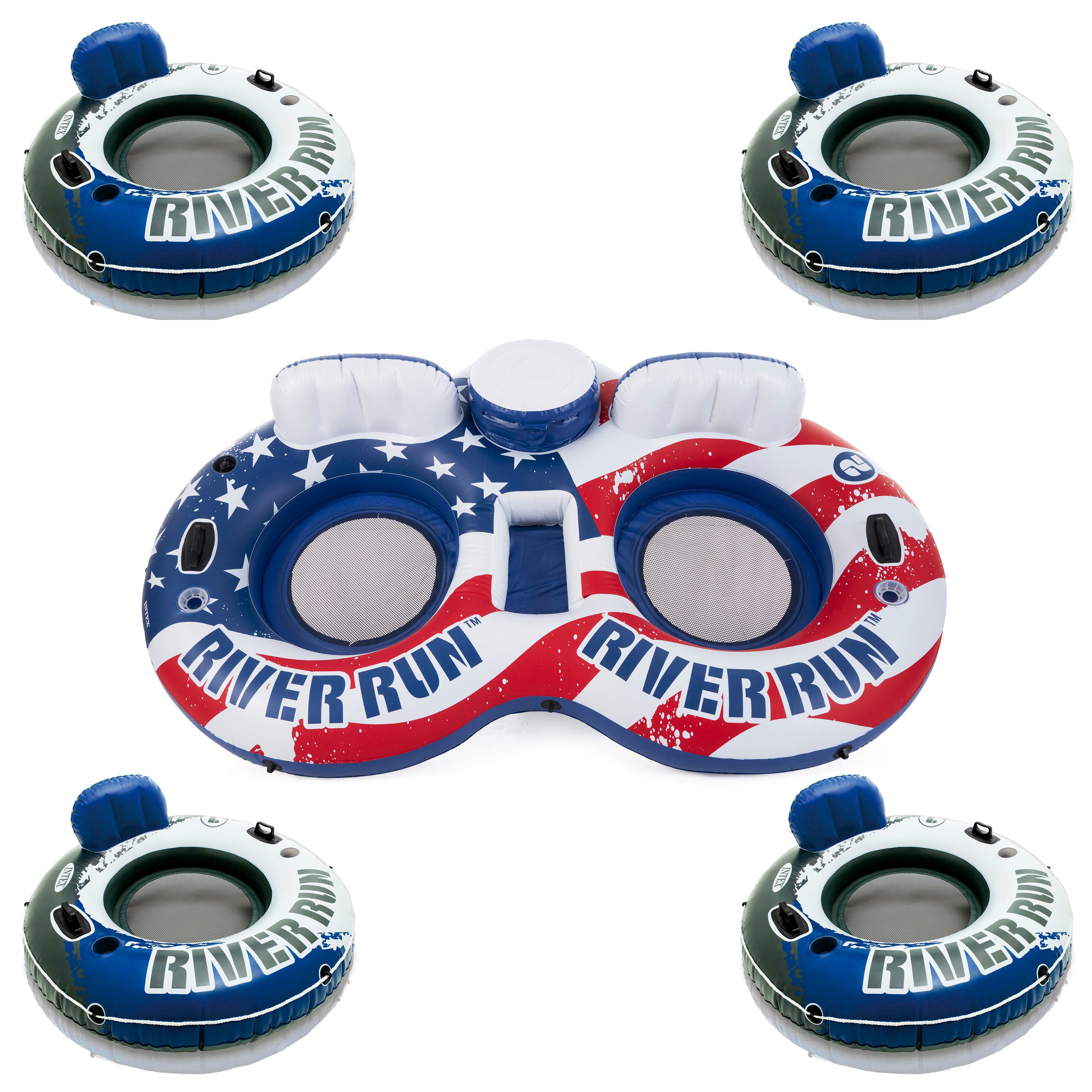 Intex American Flag 2 Person Float w/ River Run 1 Person Tube (4 Pack) - VMInnovations
