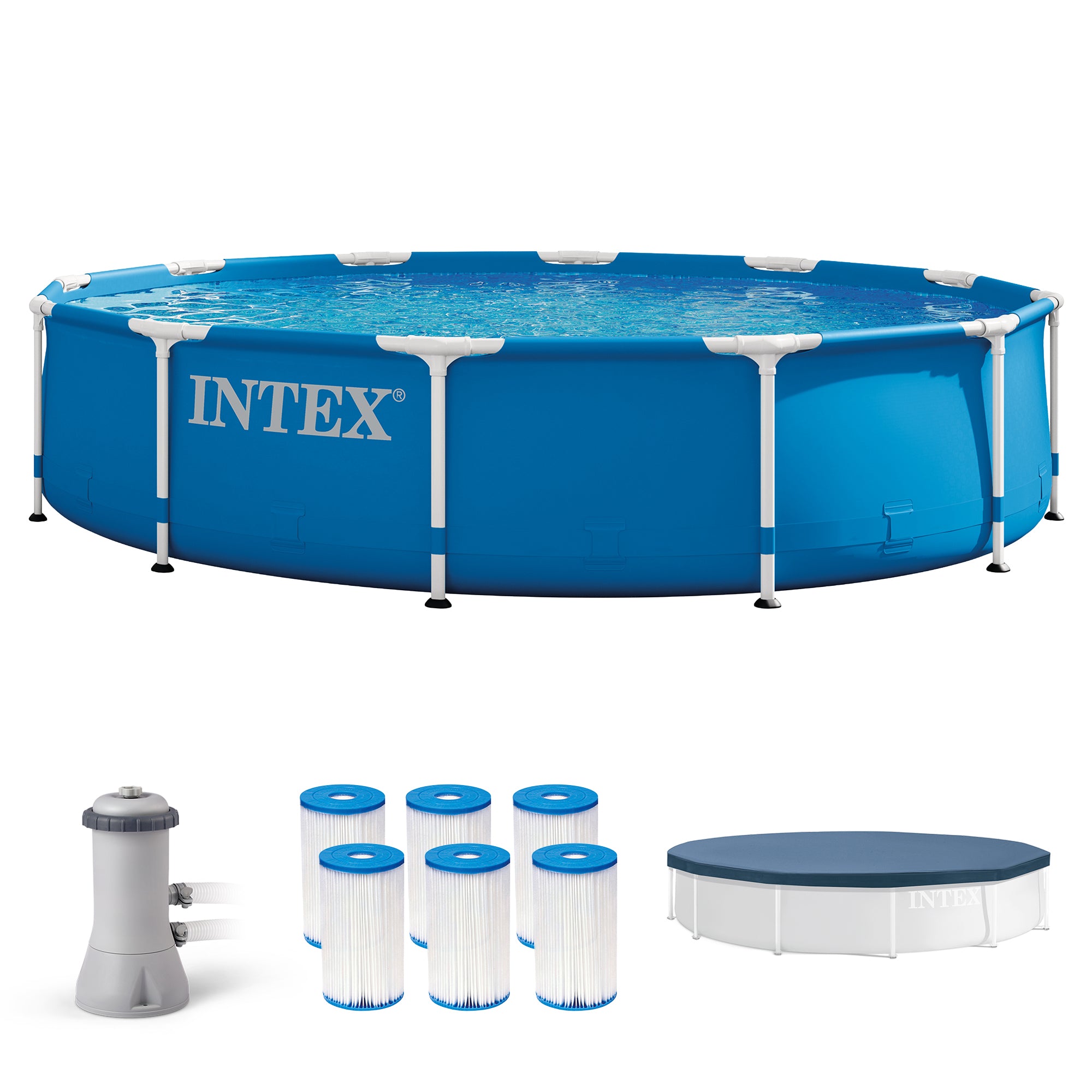 Intex Metal Frame Above Ground Pool w/ Pump, Filter Cartridge 6 Pack, and Cover - VMInnovations