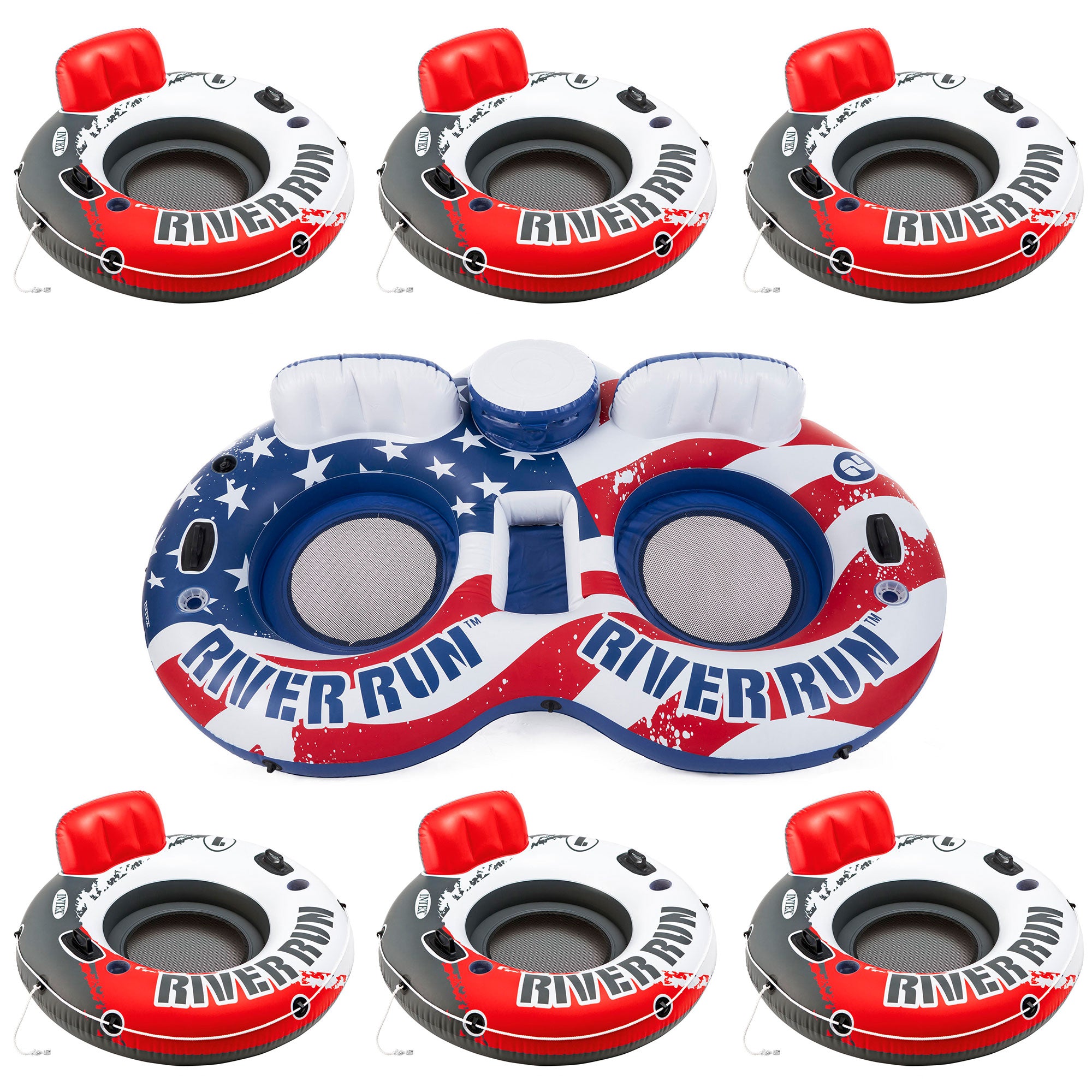 Intex American Flag 2 Person Float w/ River Run 53 Inch Tube, Red (6 Pack)