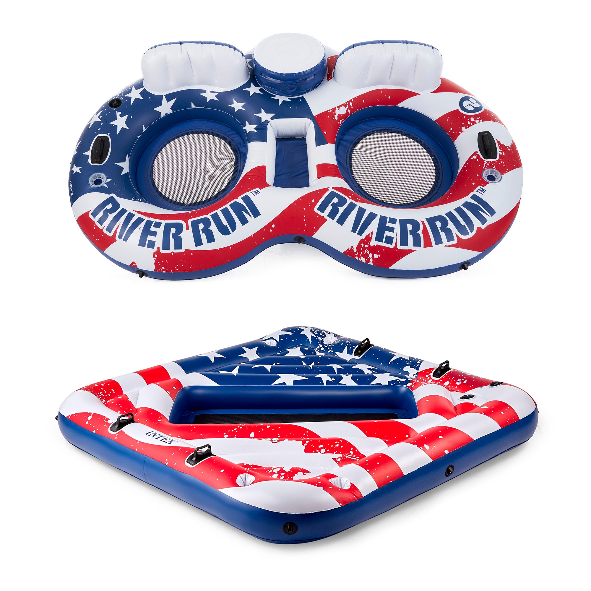 Intex American Flag 2 Person Pool Tube w/ Cooler & American Flag 2 Person Float