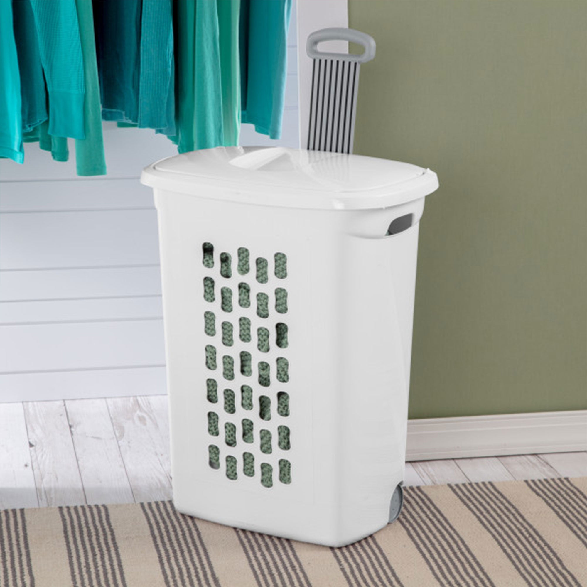 Sterilite White Laundry Hamper With Lift-Top, Wheels, And Pull Handle (12 Pack)