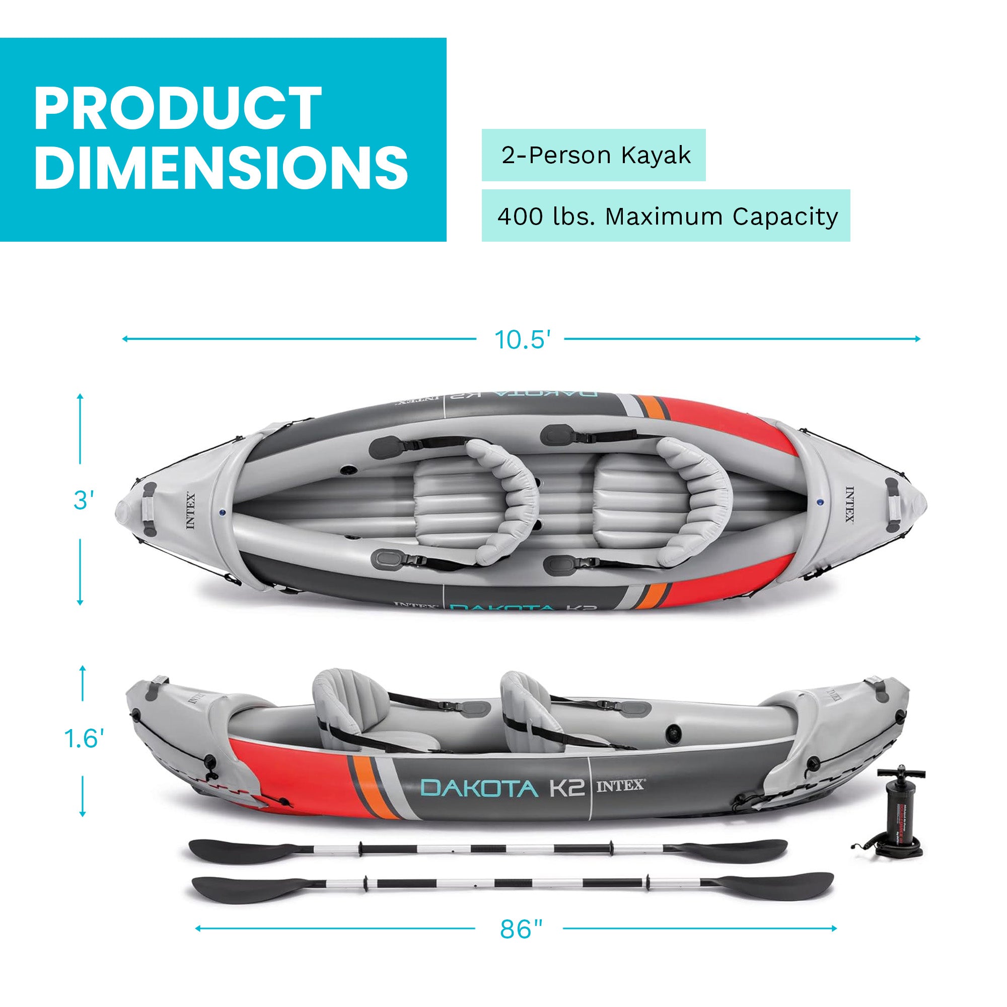 Intex Dakota K2 2 Person Vinyl Inflatable Kayak and Accessory Kit w/ Oars & Pump