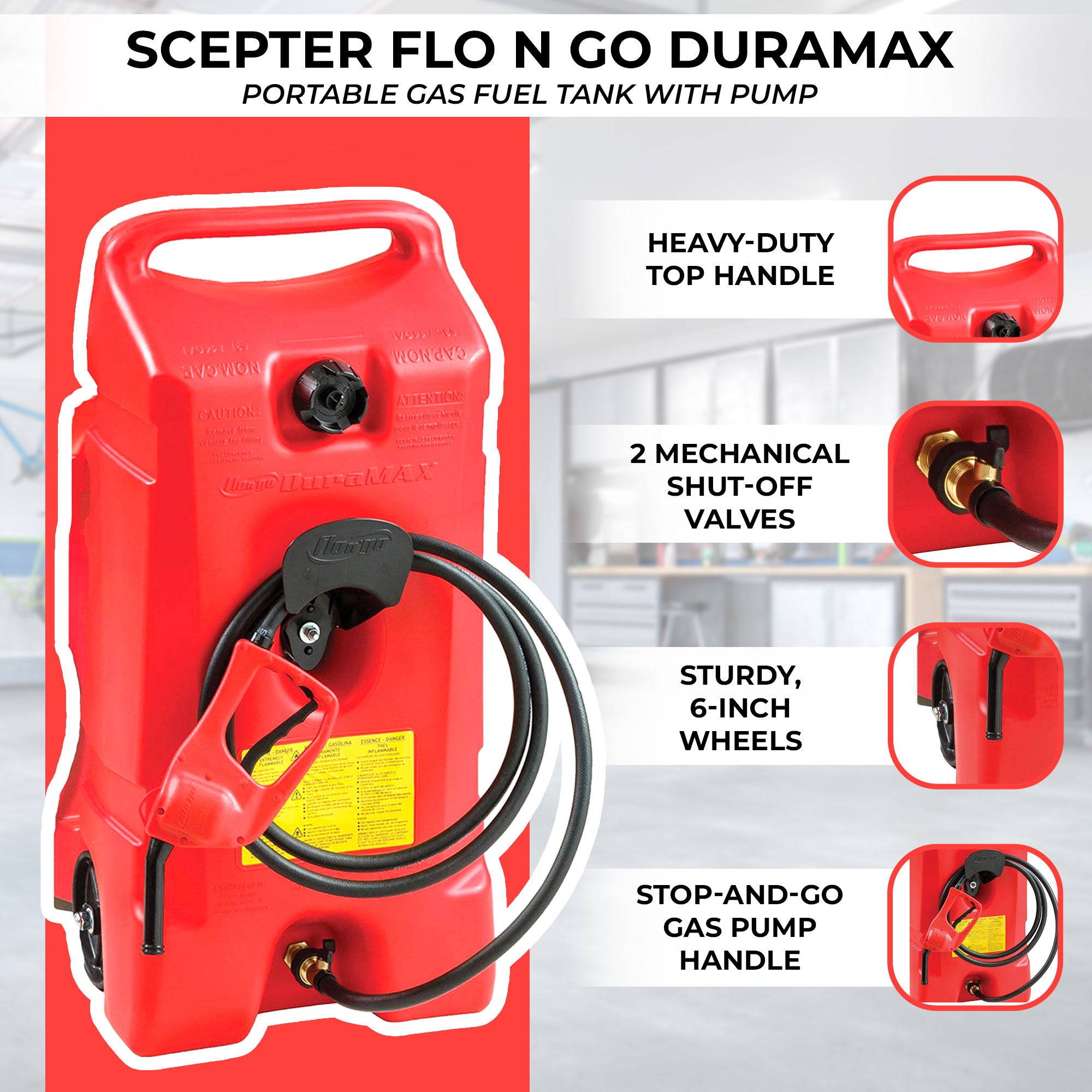 Scepter Flo N Go DuraMax 14 Gallon Portable Gas Fuel Tank with Pump, 4 Pack, Red - VMInnovations