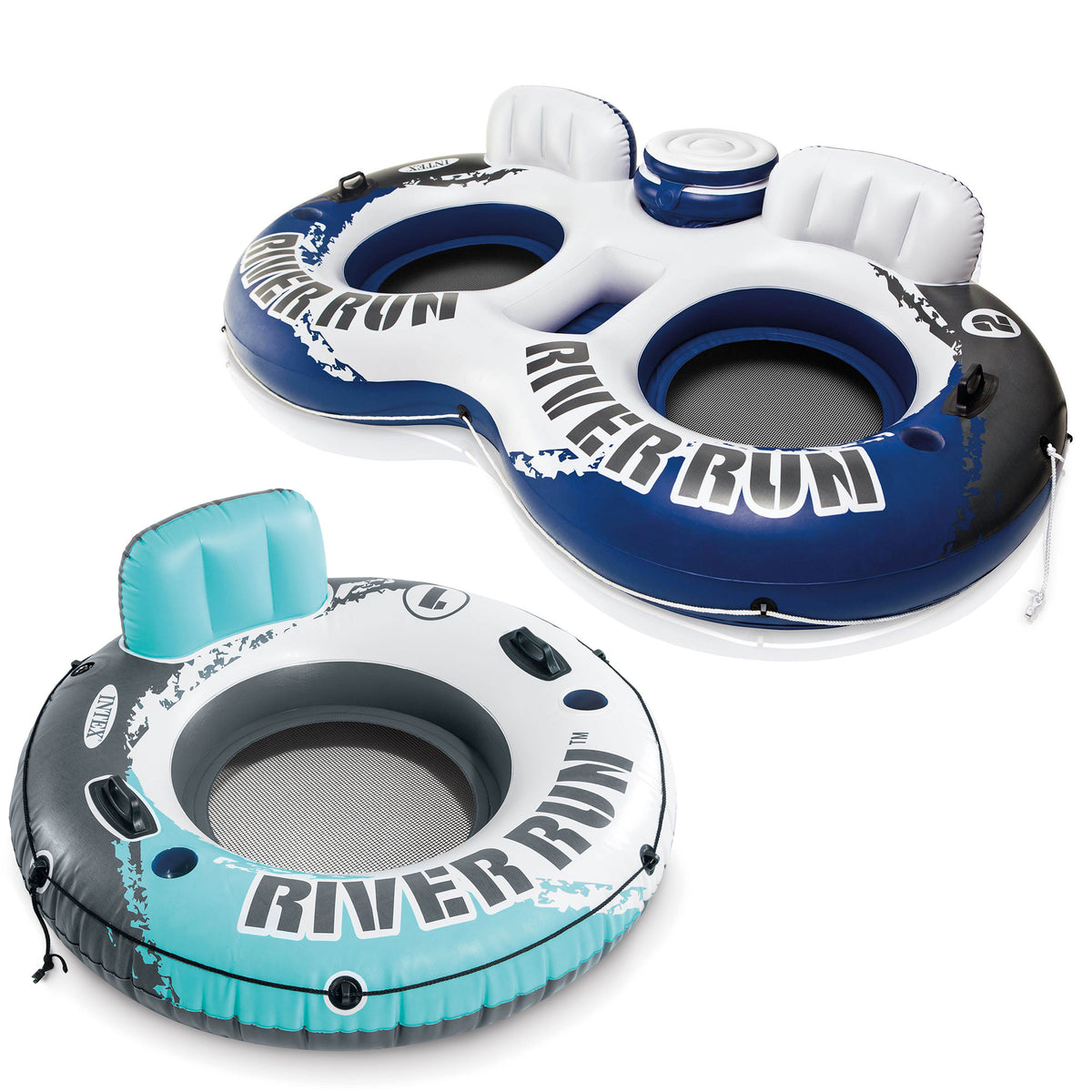 Intex River Run Inflatable Floating Tube & River Run II 2 Person Float w/ Cooler - VMInnovations
