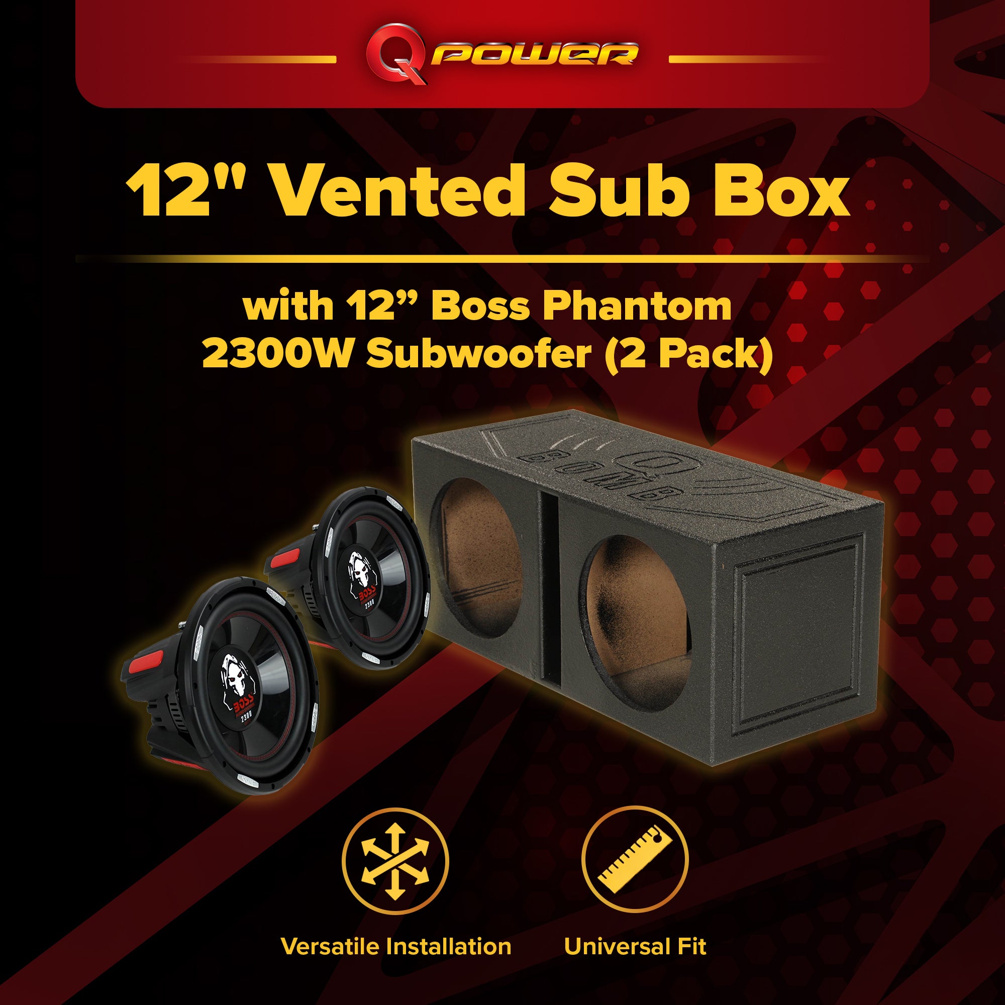 QPower Dual 12 inch Vented Sub Box and Boss Phantom 12” 2300W Subwoofer (2 Pack)