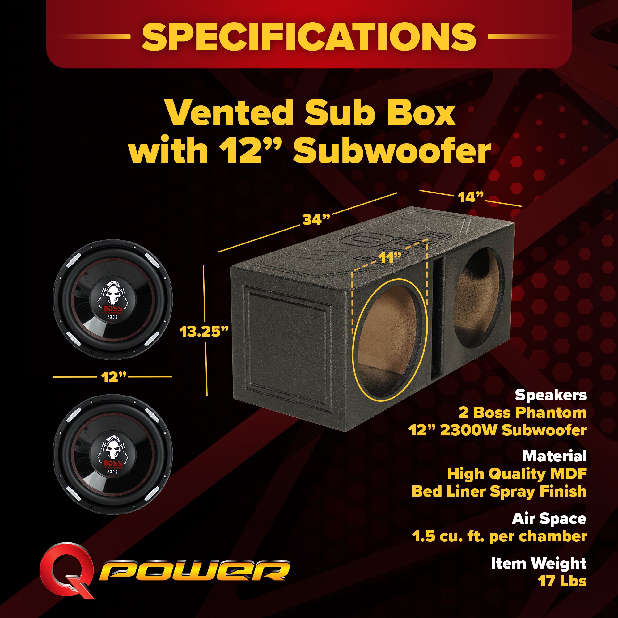 QPower Dual 12 inch Vented Sub Box and Boss Phantom 12” 2300W Subwoofer (2 Pack)
