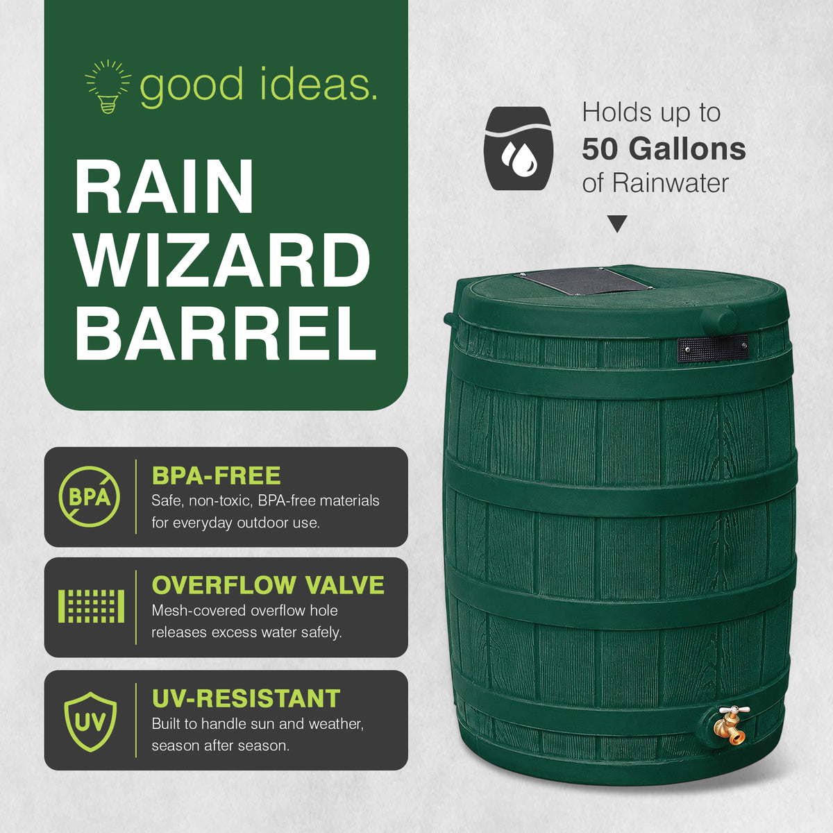 Good Ideas Rain Wizard Water Storage 50 Gal Capacity Collection Barrel, Green