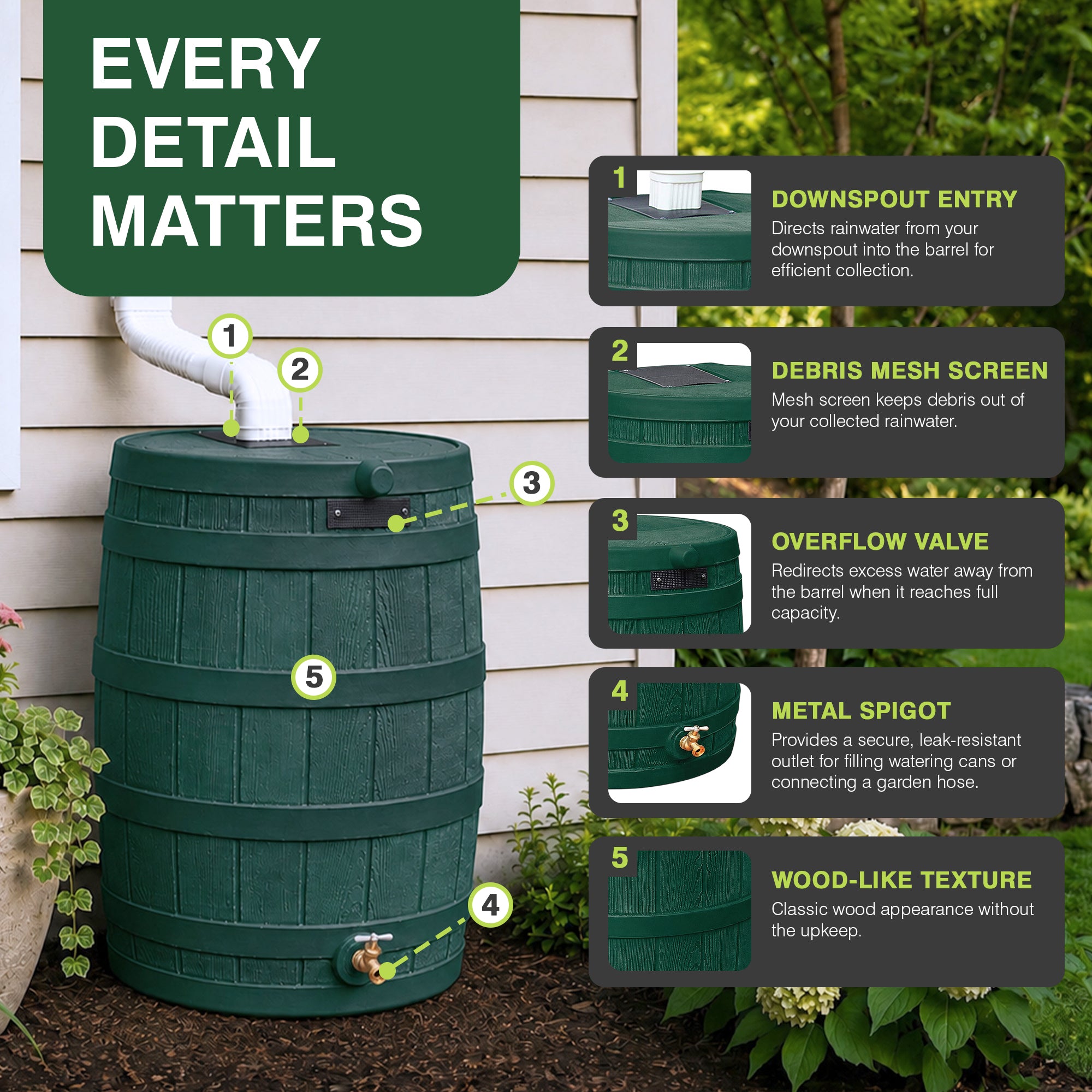 Good Ideas Rain Wizard Water Storage 50 Gal Capacity Collection Barrel, Green