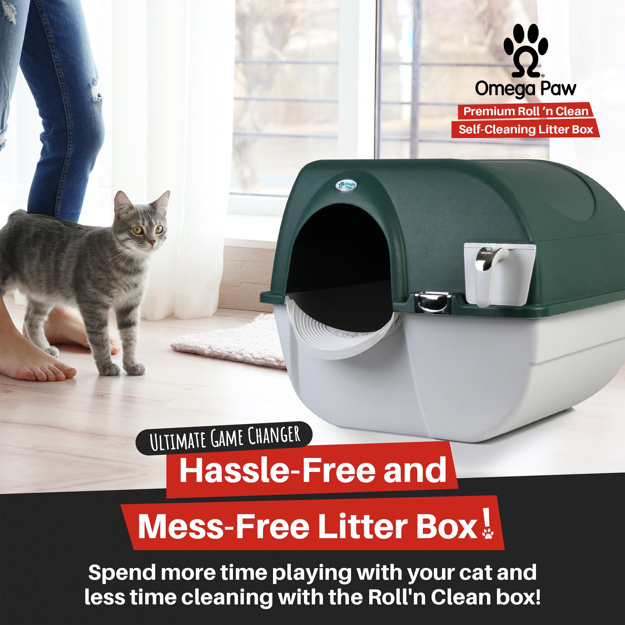 Omega Paw Roll'n Clean No Scoop Self-Cleaning Home Cat Litter Box, Green (Used) - VMInnovations