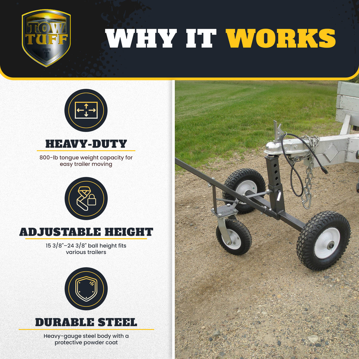 Tow Tuff Adjustable Solid Steel 800 lb Capacity Trailer Dolly w/ Caster (2 Pack) - VMInnovations