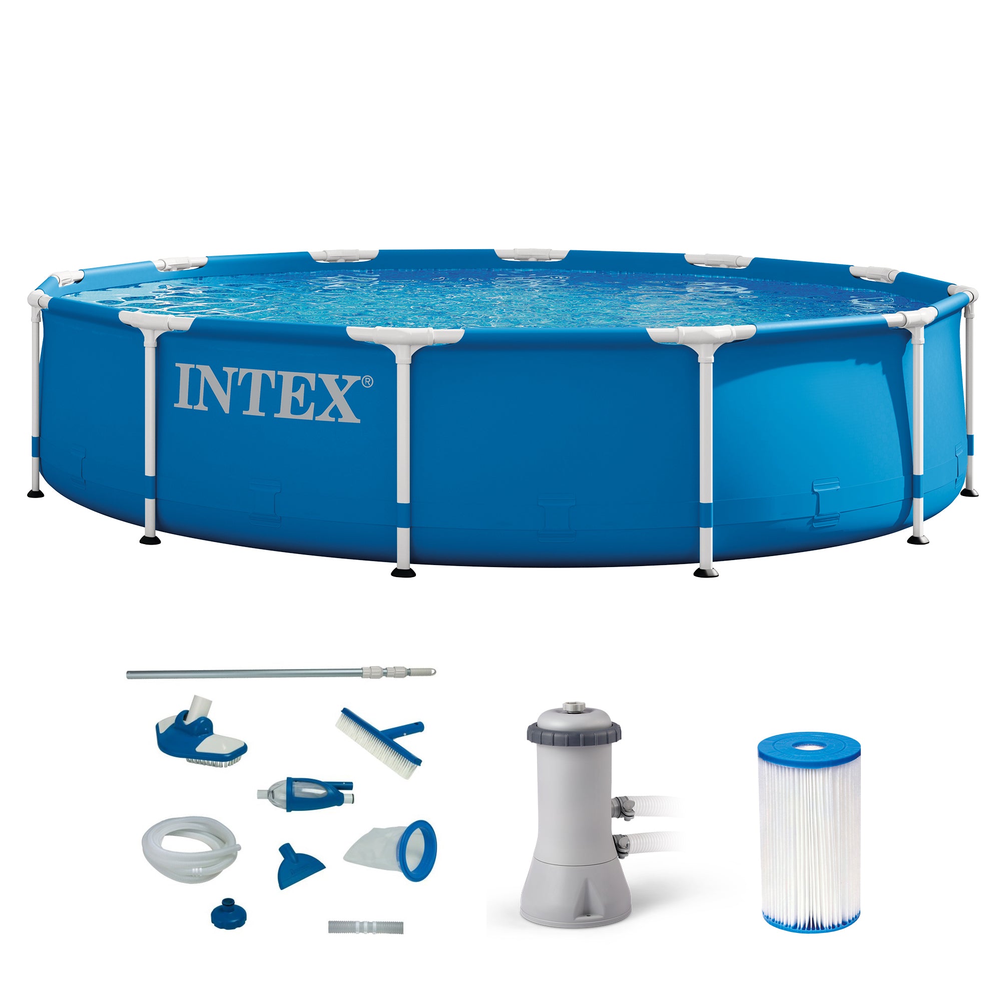 Intex 12' x 30" Metal Frame Swimming Pool w/ Filter Pump & Pool Maintenance Kit