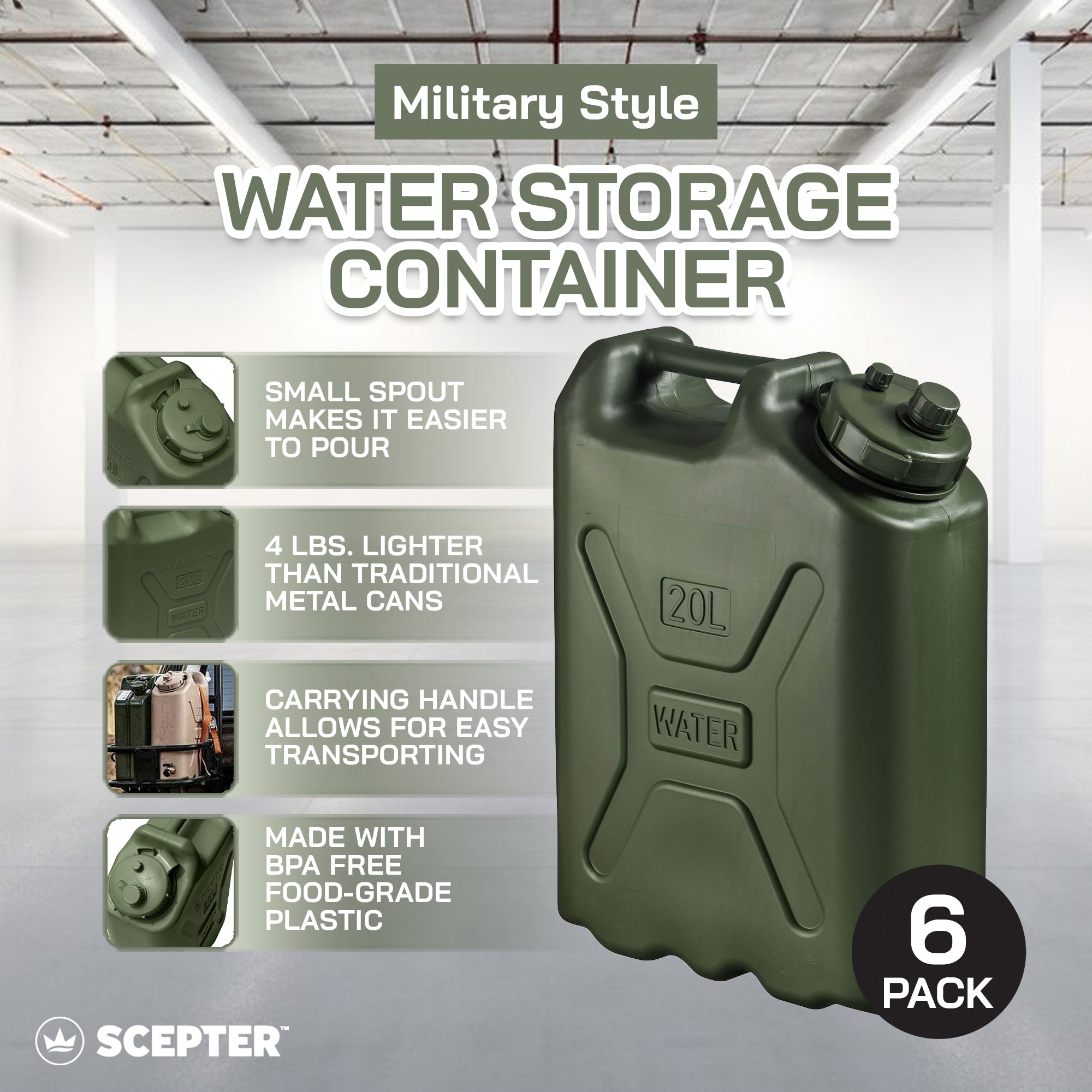 Scepter BPA Durable 5 Gallon 20 Liter Portable Water Storage Container, Green (6 Pack) - VMInnovations