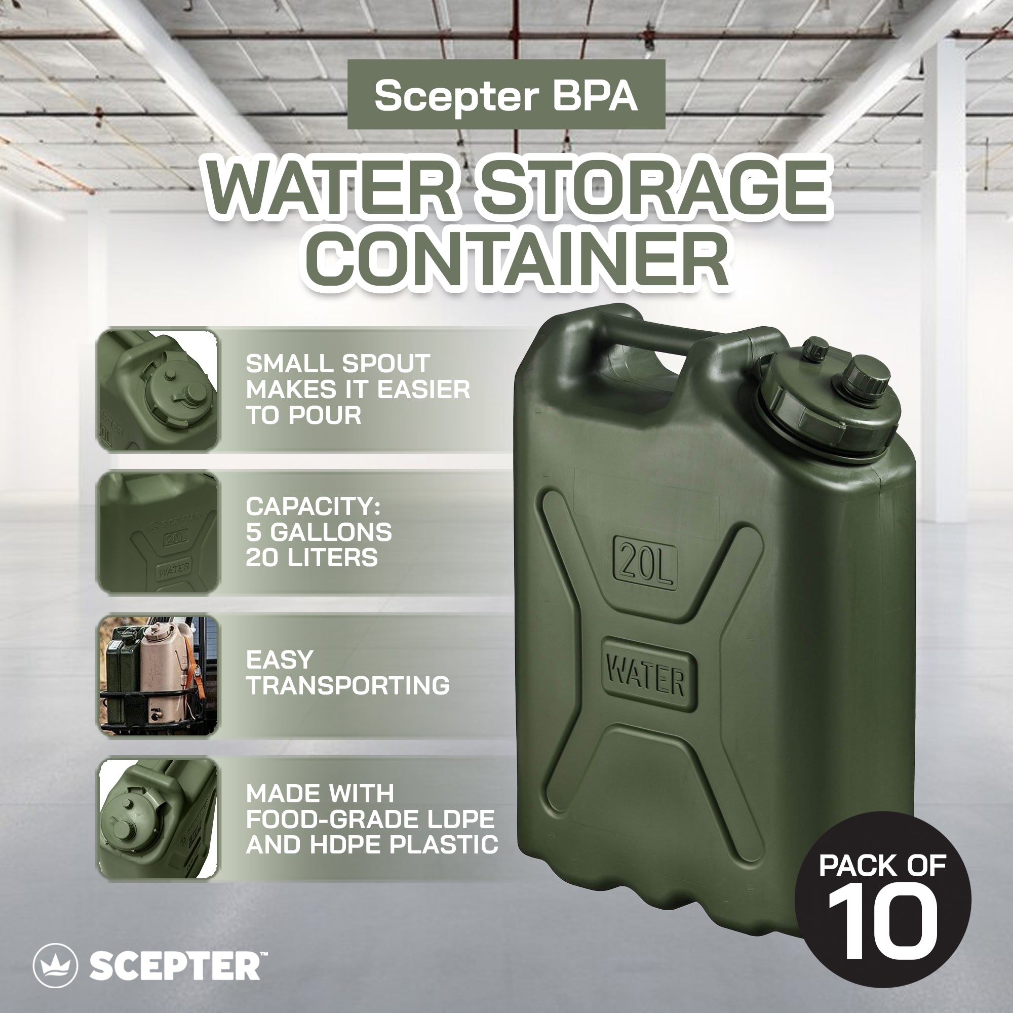 Scepter BPA Durable 5 Gallon 20 Liter Portable Water Storage Container, Green - VMInnovations