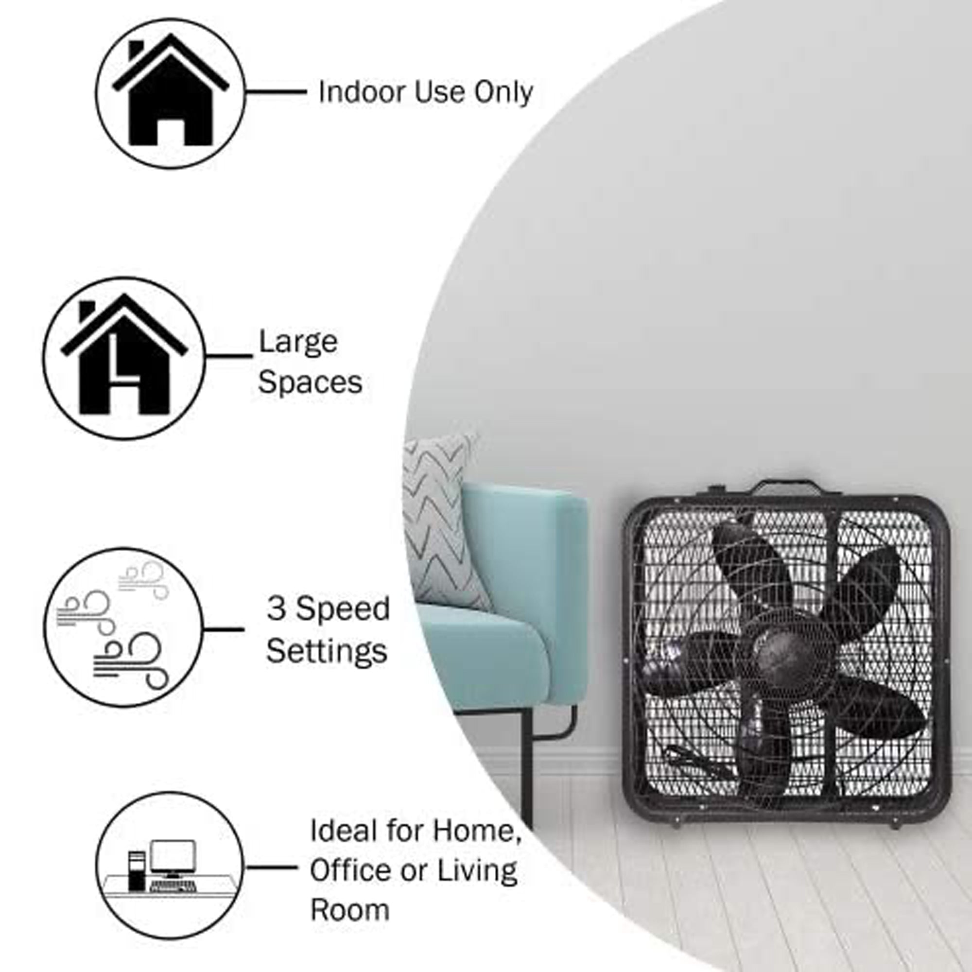 Comfort Zone 3 Speed High Performance Box Fan Air Conditioner 20 Inch (Open Box)