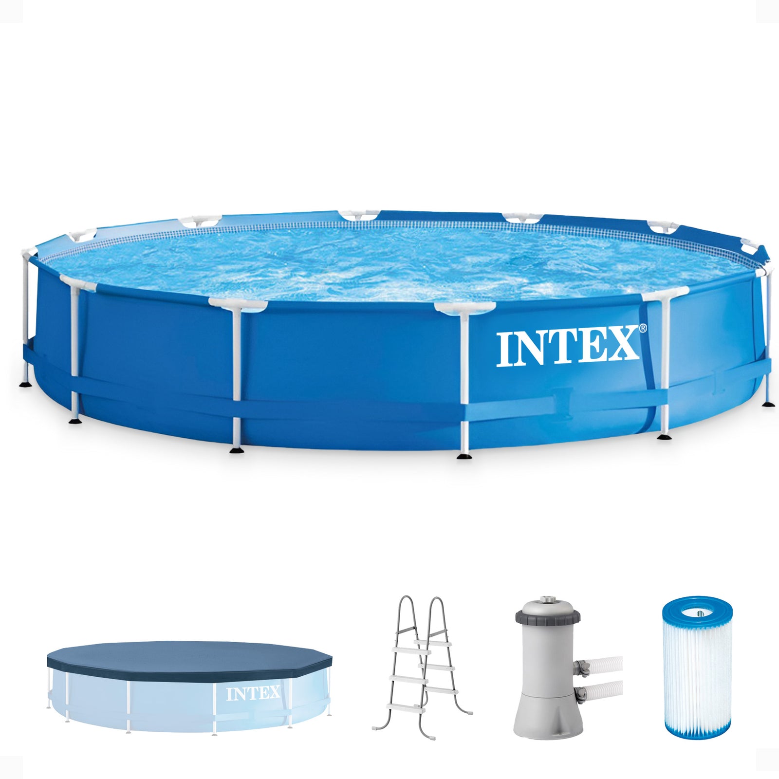 Intex 12'x30" Swimming Pool w/ Pump, Pool Ladder for 42” Wall, & 12’ Cover - VMInnovations
