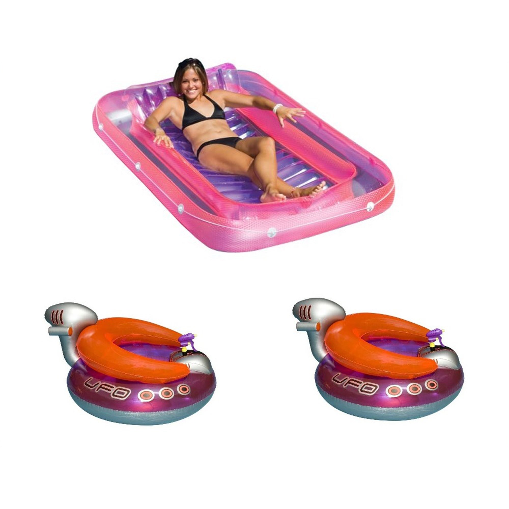Swimline Suntan Lounge Pool Raft and UFO Chair Pool Float w/ Squirt Gun (2-pack)