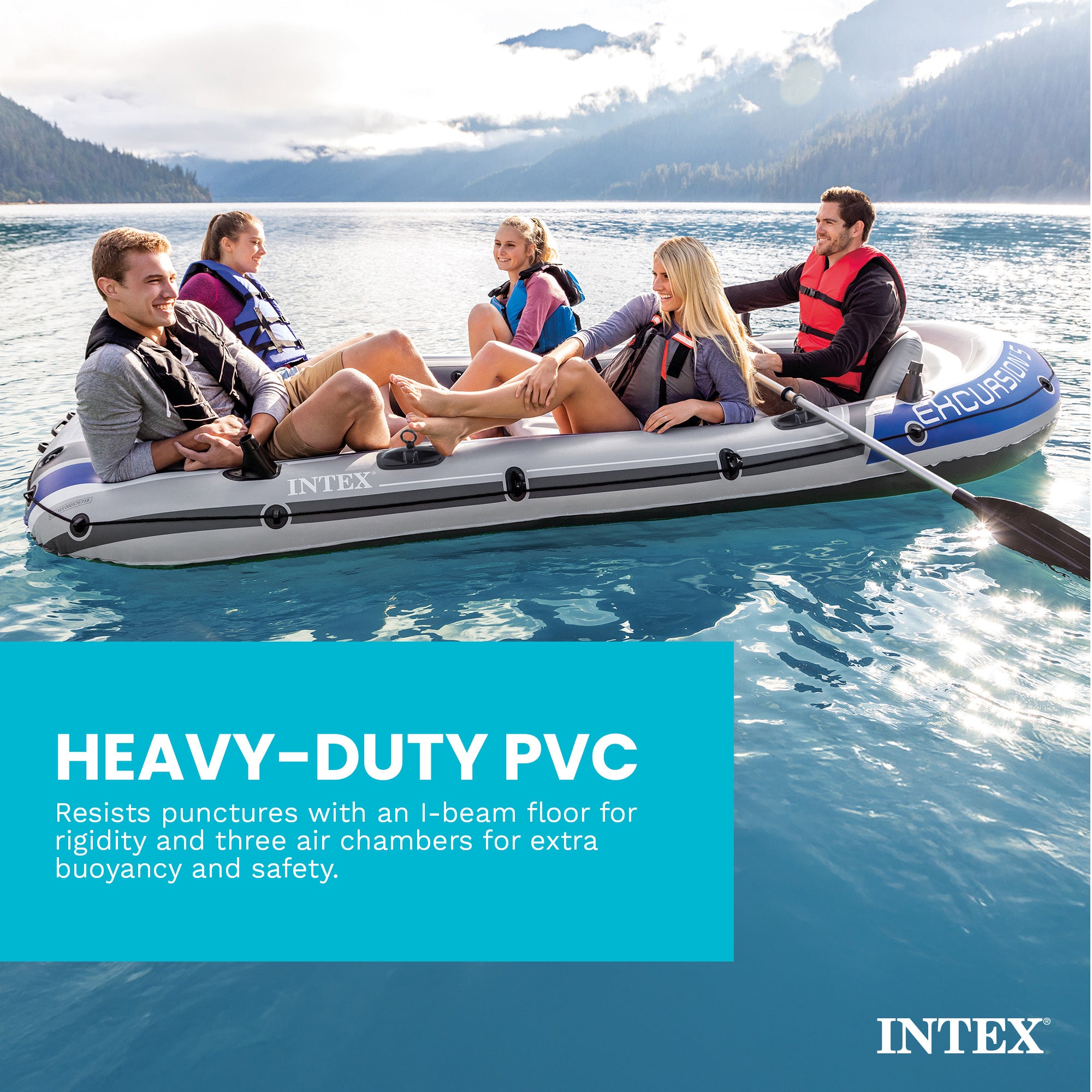 Intex 5 Person Inflatable Fishing Boat, Trolling Motor and Boat Motor Mount Kit