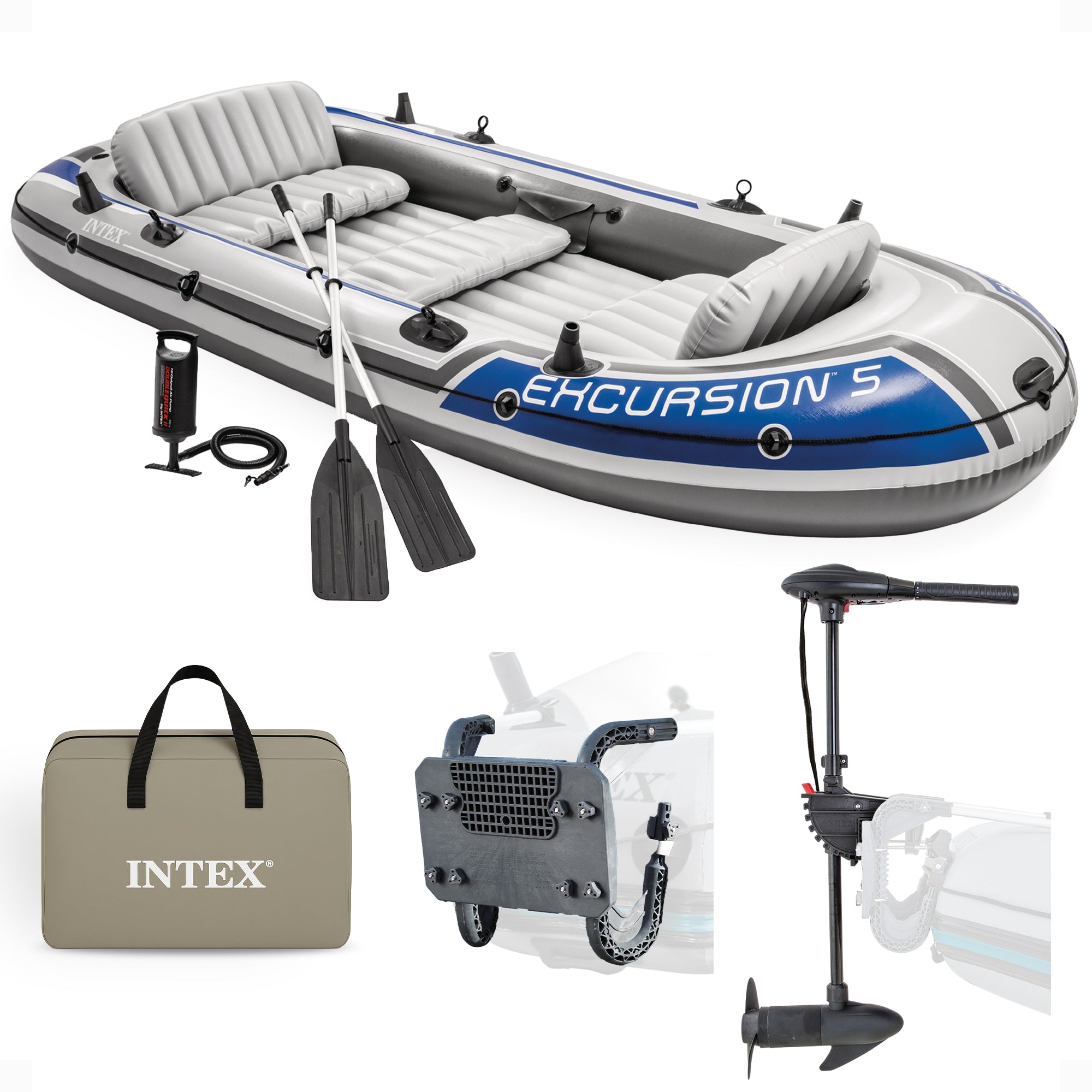Intex 5 Person Inflatable Fishing Boat, Trolling Motor and Boat Motor Mount Kit - VMInnovations