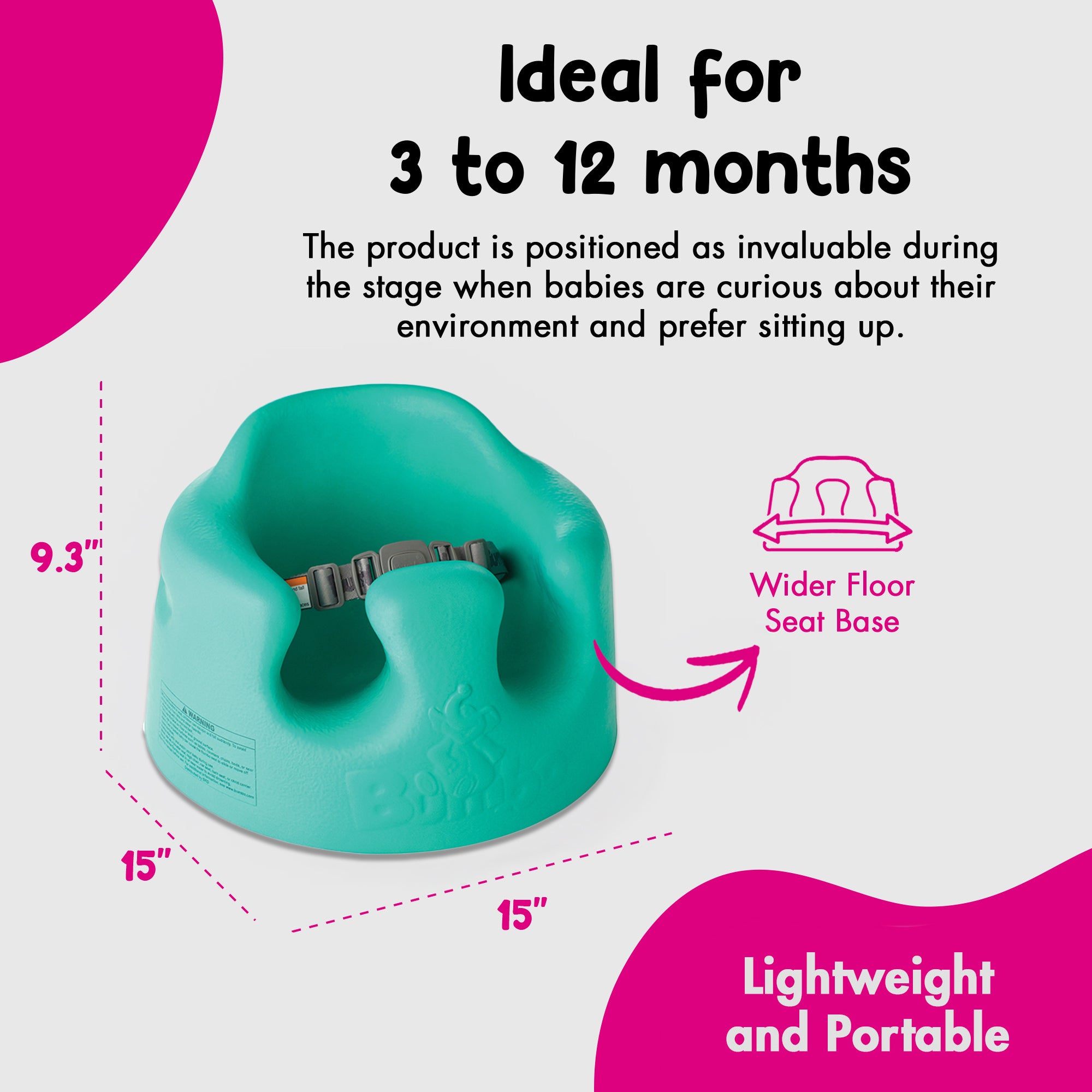 Bumbo Infant Floor Seat Baby Sit Up Chair with Adjustable Safety Harness, Aqua - VMInnovations