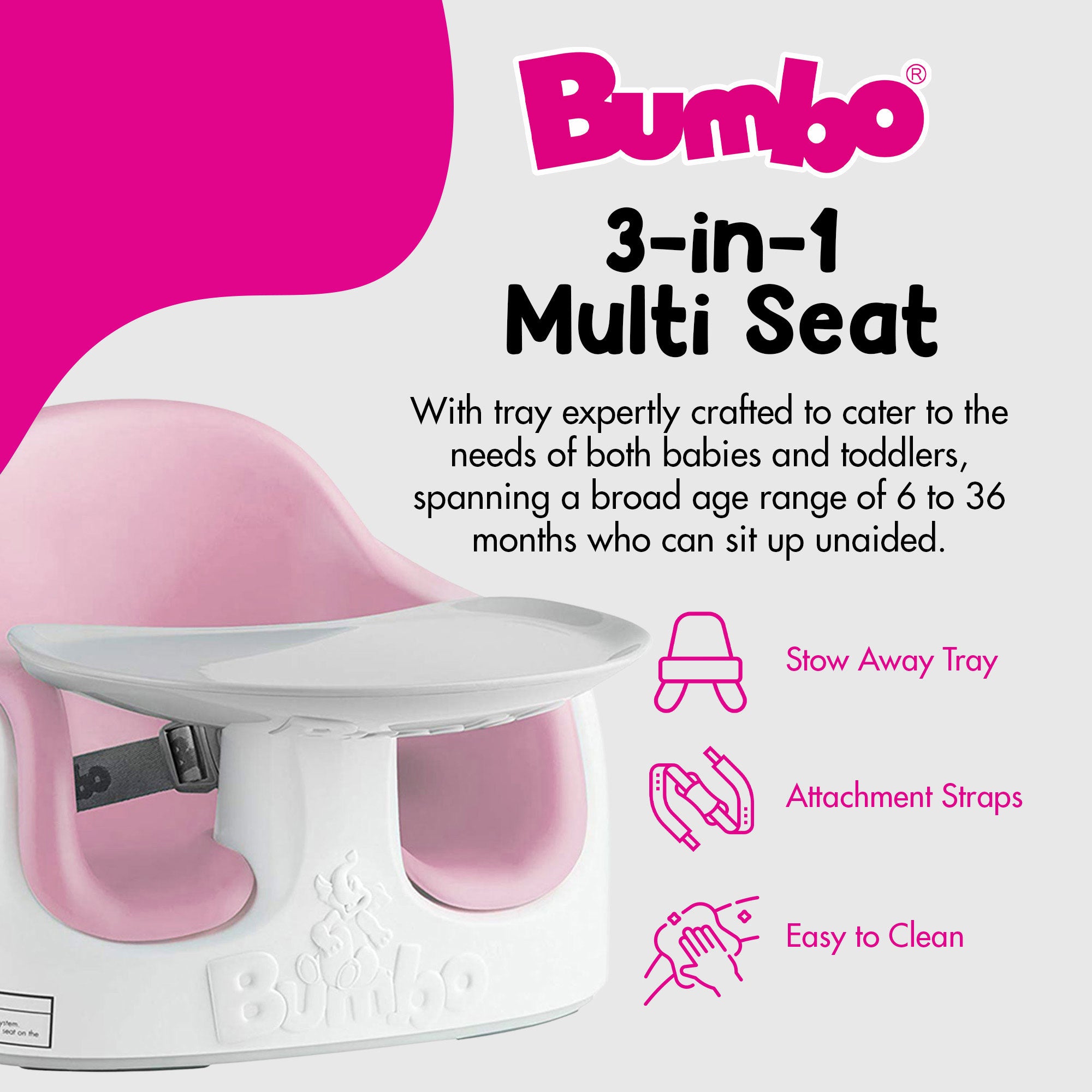 Bumbo Baby Toddler Adjustable 3-in-1 Booster Seat/High Chair, Pink (Open Box)