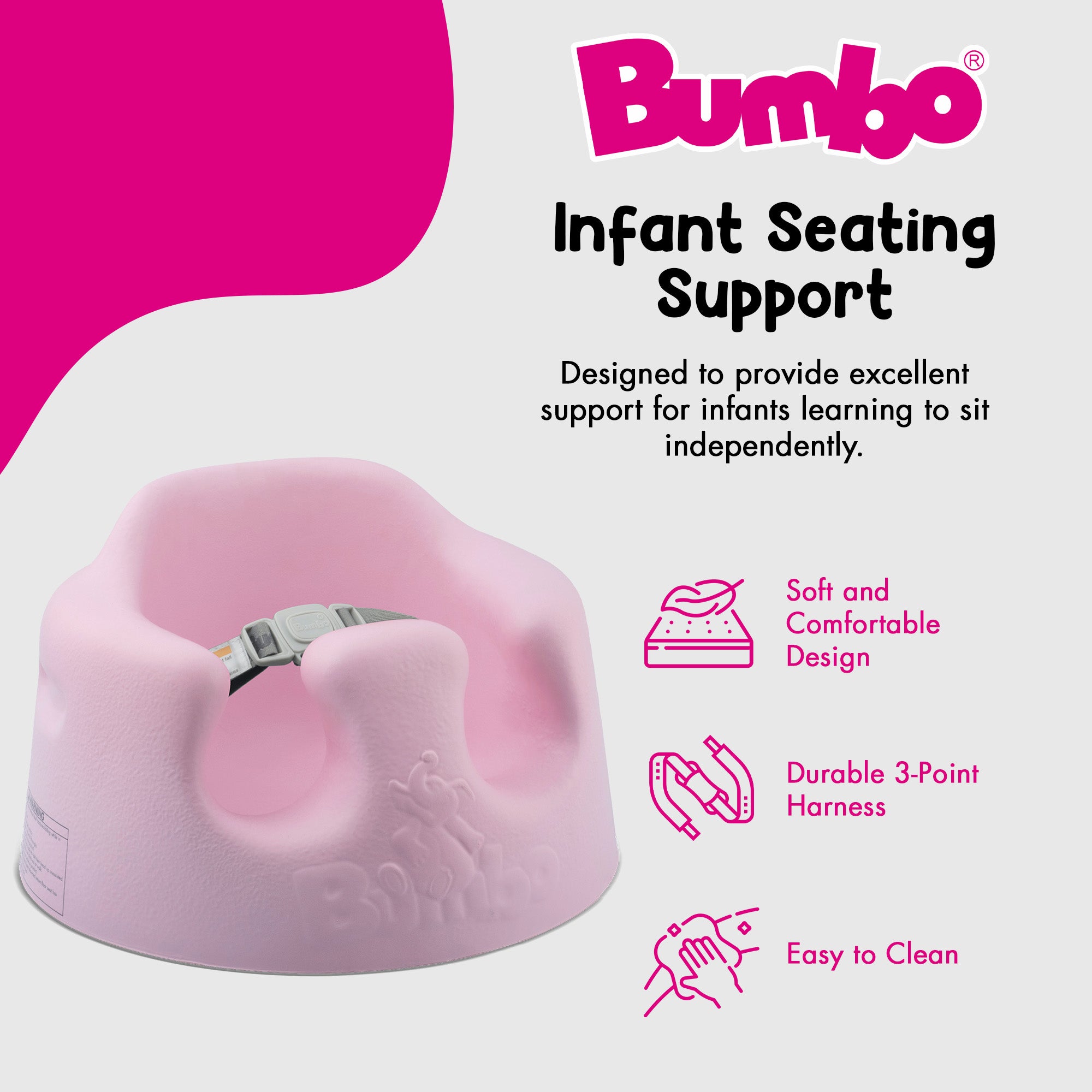 Bumbo Infant Floor Seat Baby Sit Up Chair with Adjustable Harness, Cradle Pink - VMInnovations