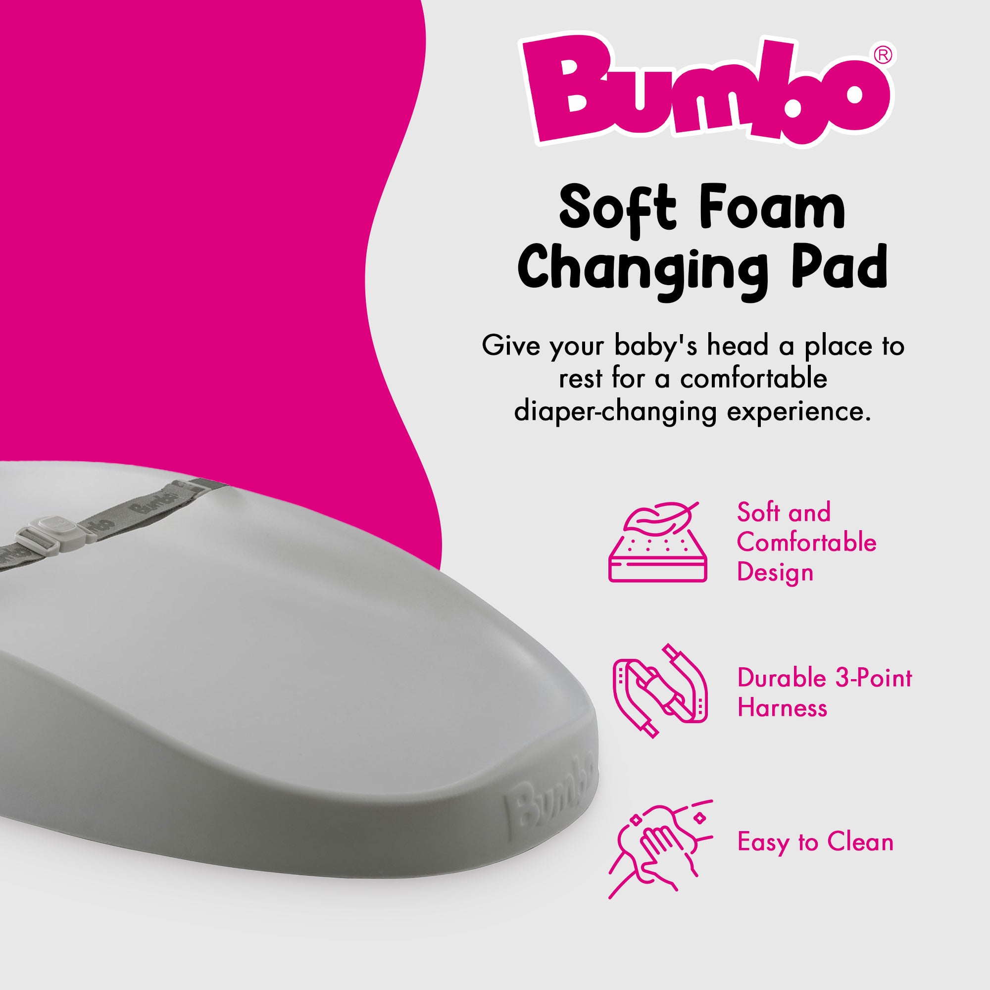 Bumbo Diaper Changing Pad, Ergonomic Baby Changing Mat with Safety Belt, Gray - VMInnovations