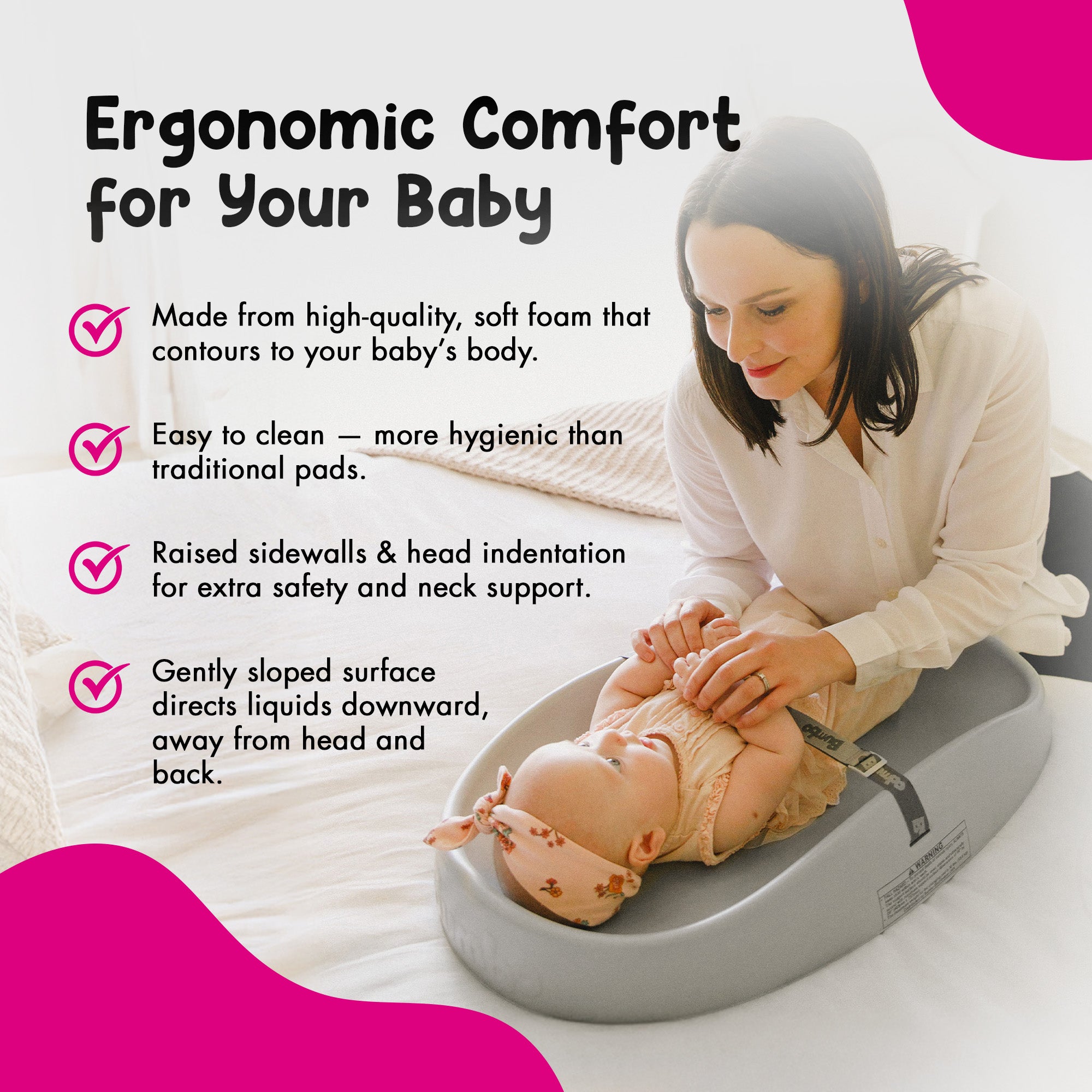 Bumbo Diaper Changing Pad, Ergonomic Baby Changing Mat with Safety Belt, Gray - VMInnovations