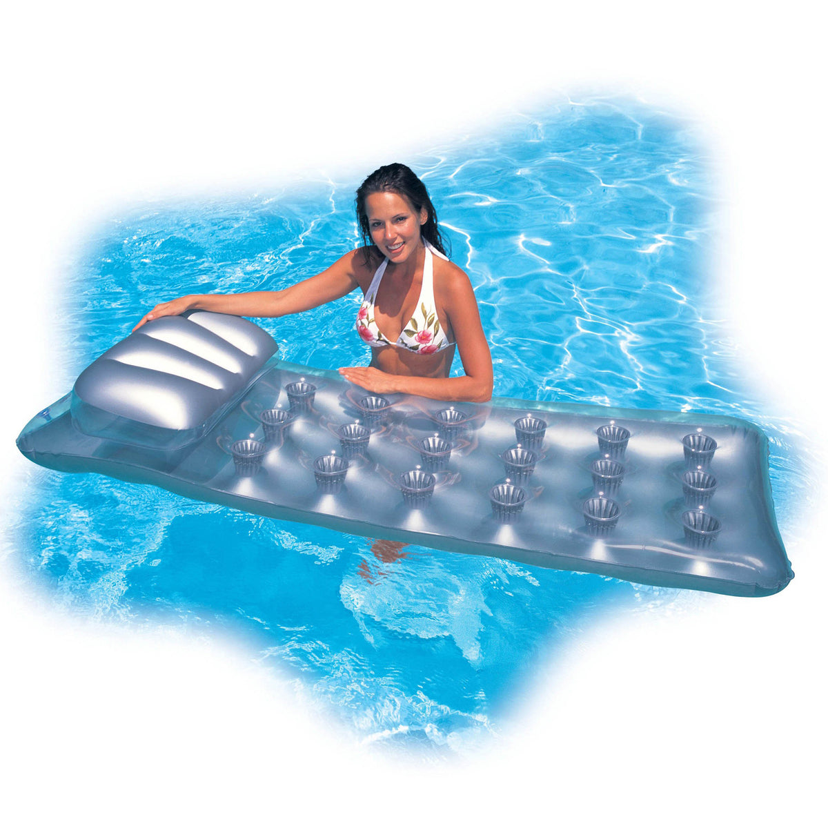 Inflatable Lounge Pool Floating Raft Bundled w/ 18-Pocket French Mattress Float