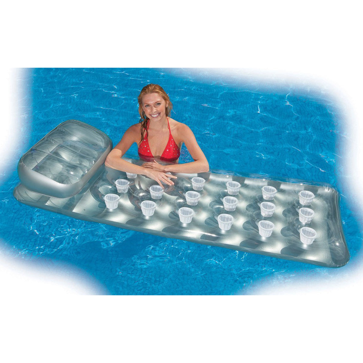 Inflatable Lounge Pool Floating Raft Bundled w/ 18-Pocket French Mattress Float